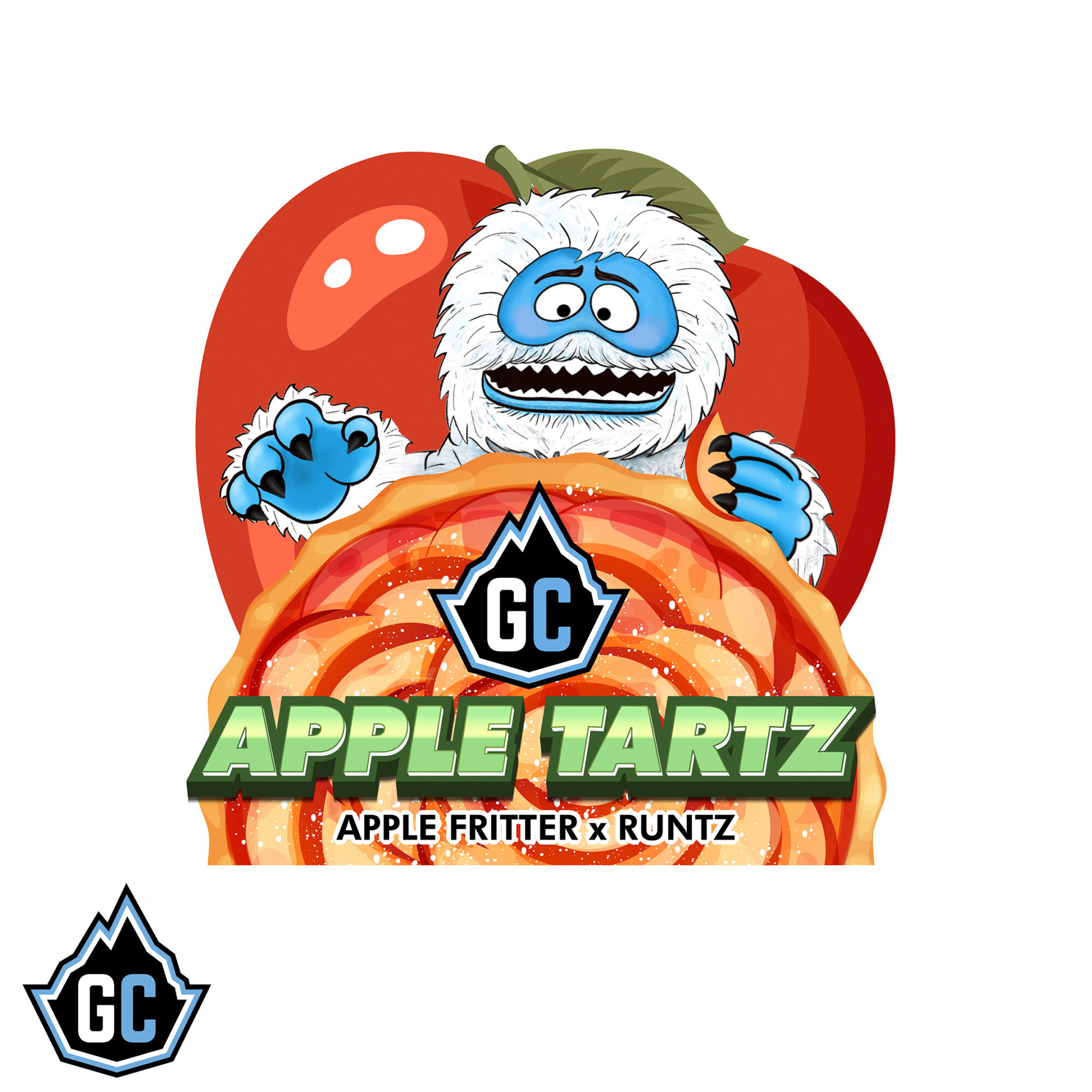 Cartoon character with blue face and white fur, behind a sliced apple, with text 'Apple Tartz' and 'Apple Fritter x Runtz'.