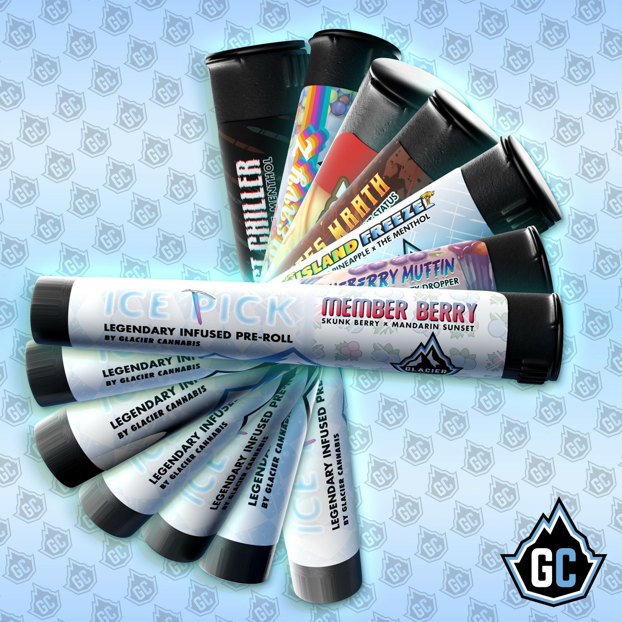 Collection of lip balm tubes with various labels, arranged in a fan shape on a patterned background.