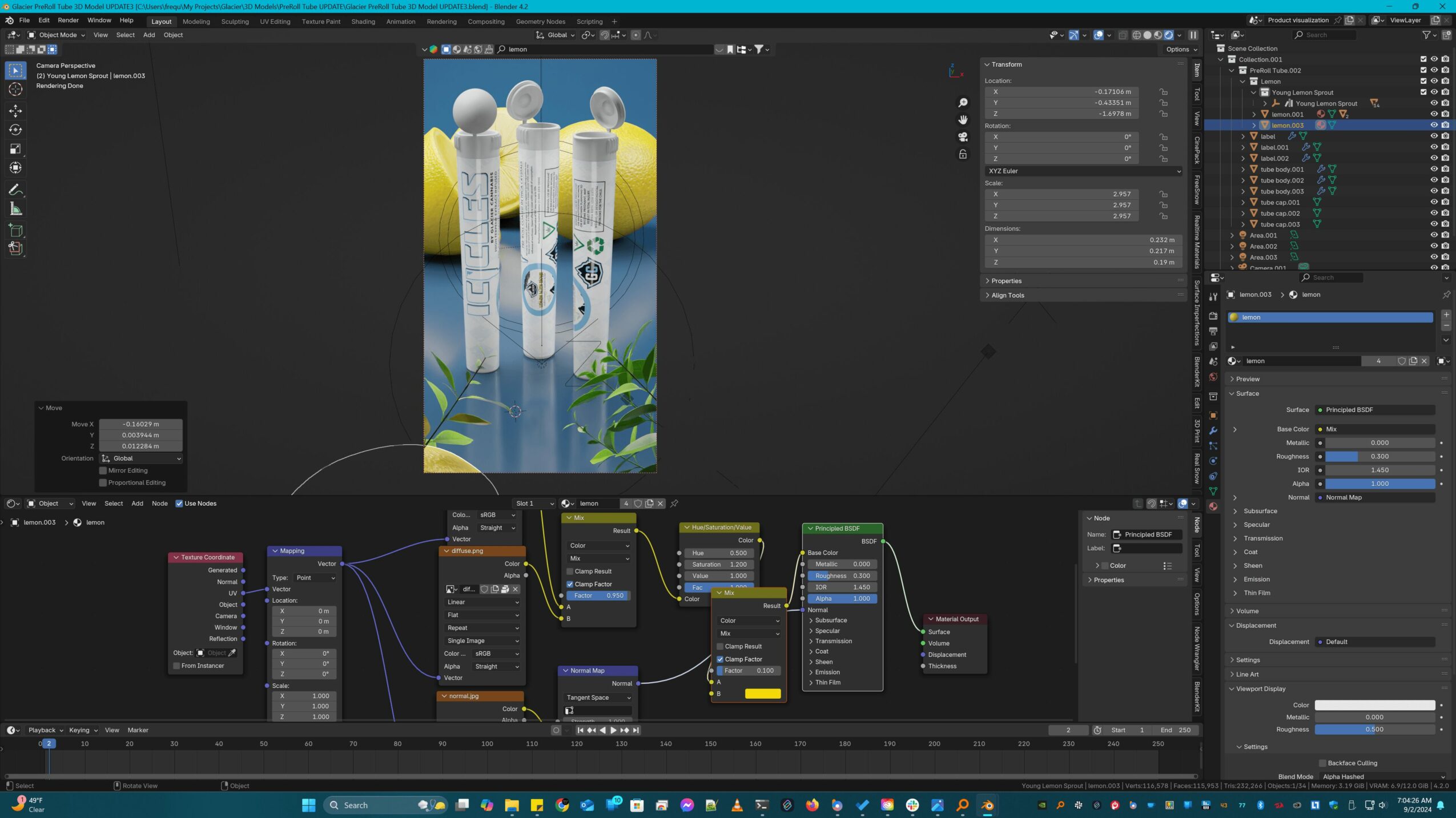 Computer screen displaying 3D modeling software with a scene of four cylindrical objects and node editor at the bottom.