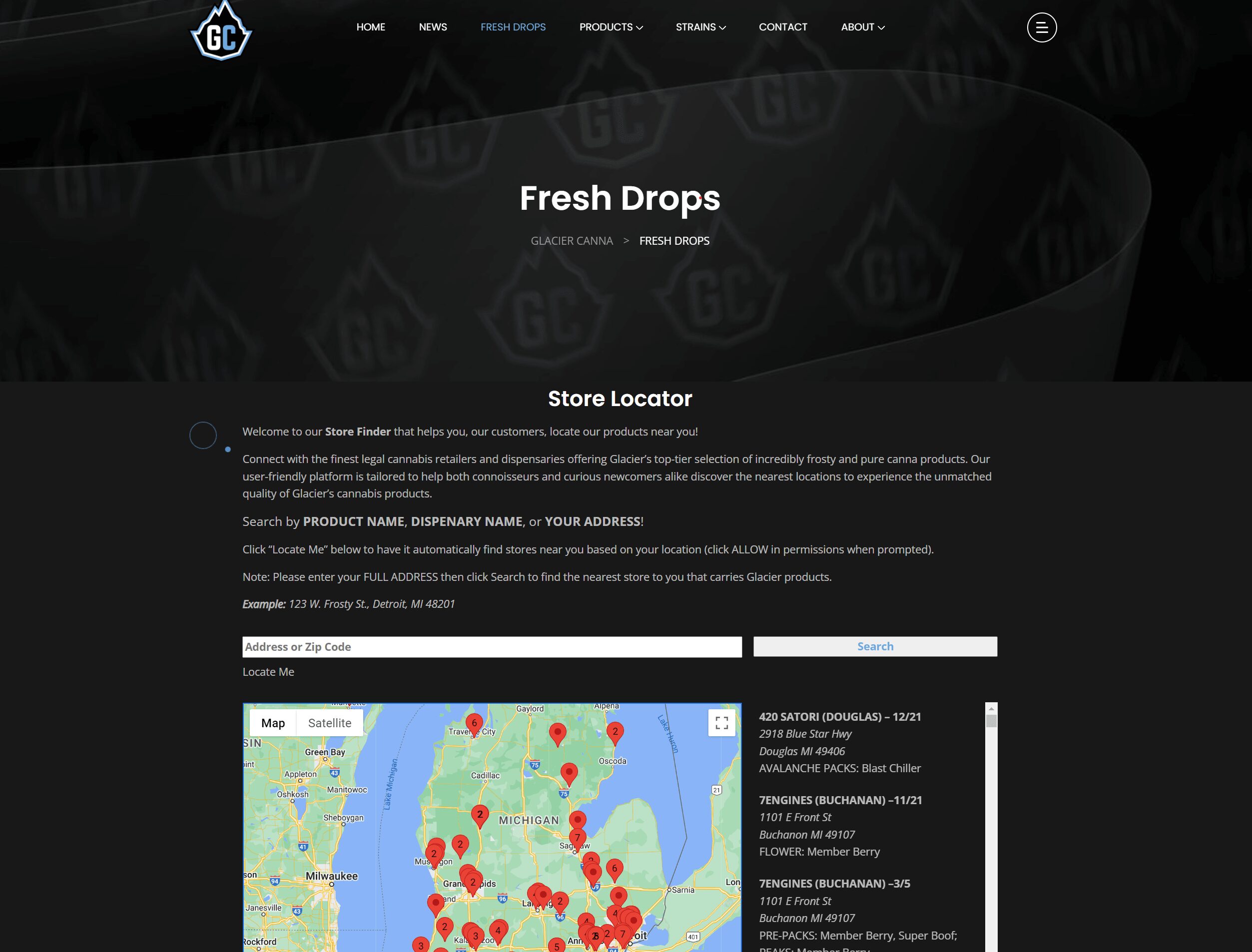 Website screenshot showing store locator with map and red location pins, dark background, and text about fresh drops.