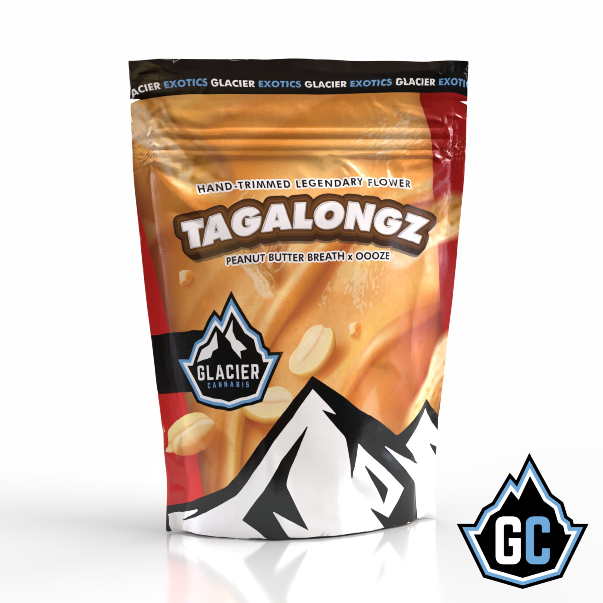 Stand-up pouch with mountain graphic, Glacier logo, and text for Tagalongz peanut butter flavor, with a white background.