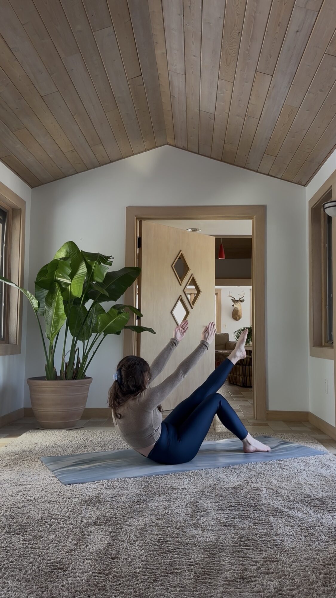 Person lying on a rug in a room with a large plant, pointing at a door with diamond-shaped windows.