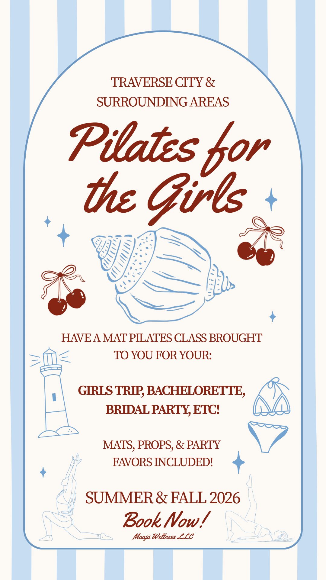 Flyer for Pilates class for girls, includes cherries, a mat, and text about events and booking, with a light blue striped background.