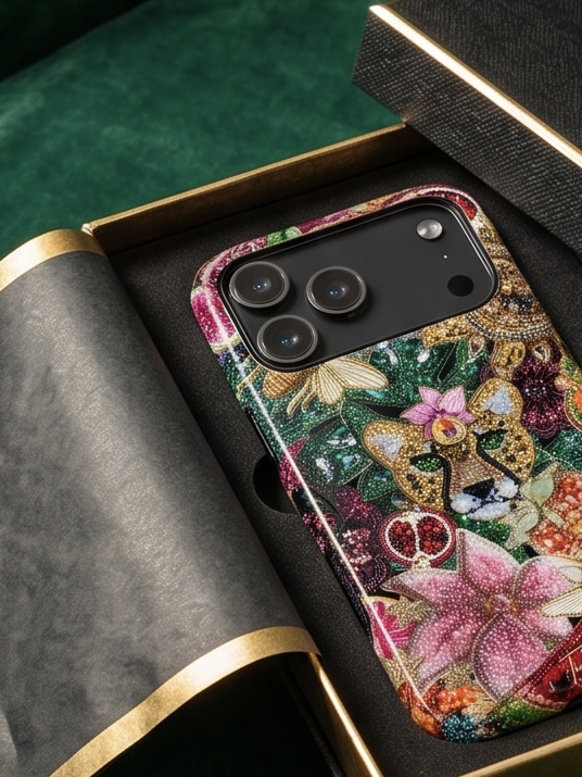 Smartphone with a colorful floral and animal-themed case resting on an open book with black and gold edges.