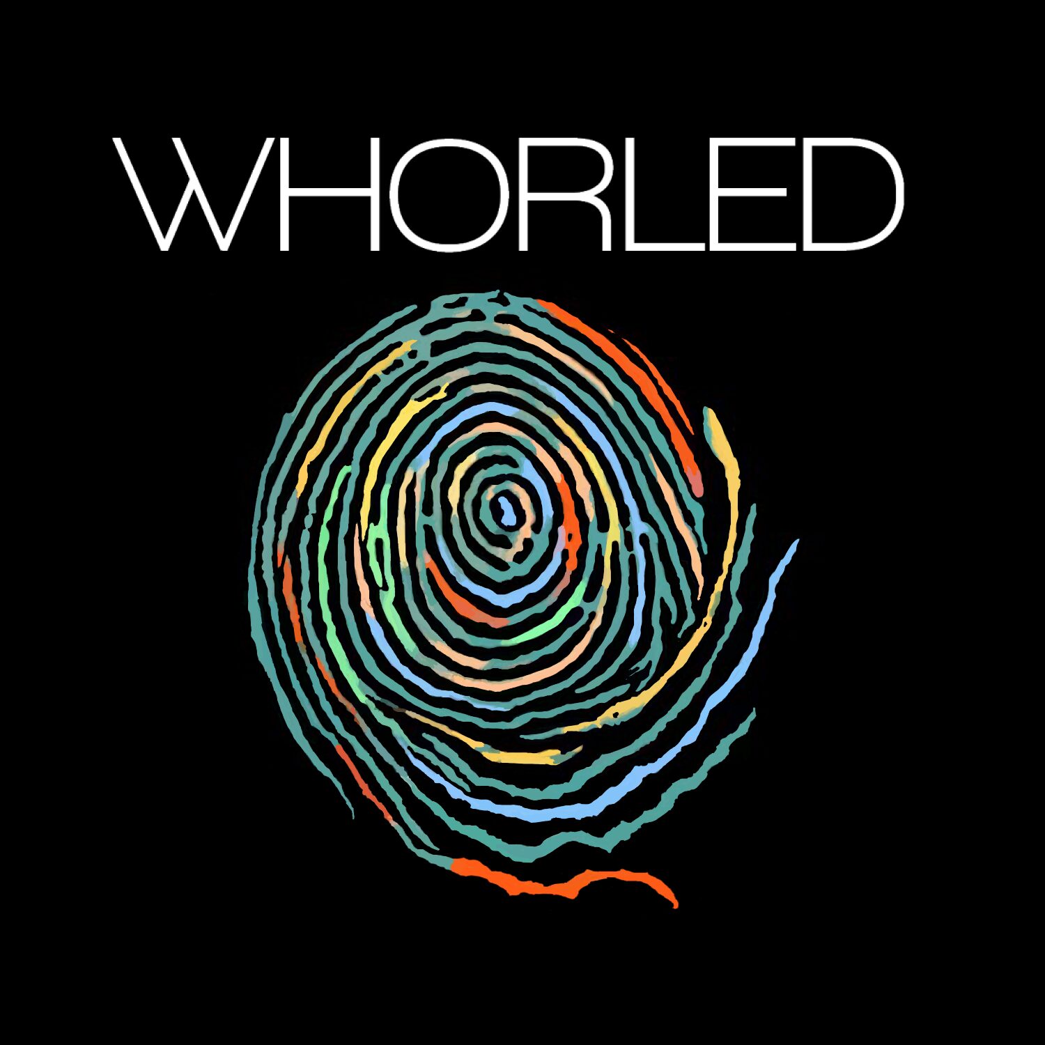 Colorful fingerprint spiral with the word WHORLED above it on a black background.