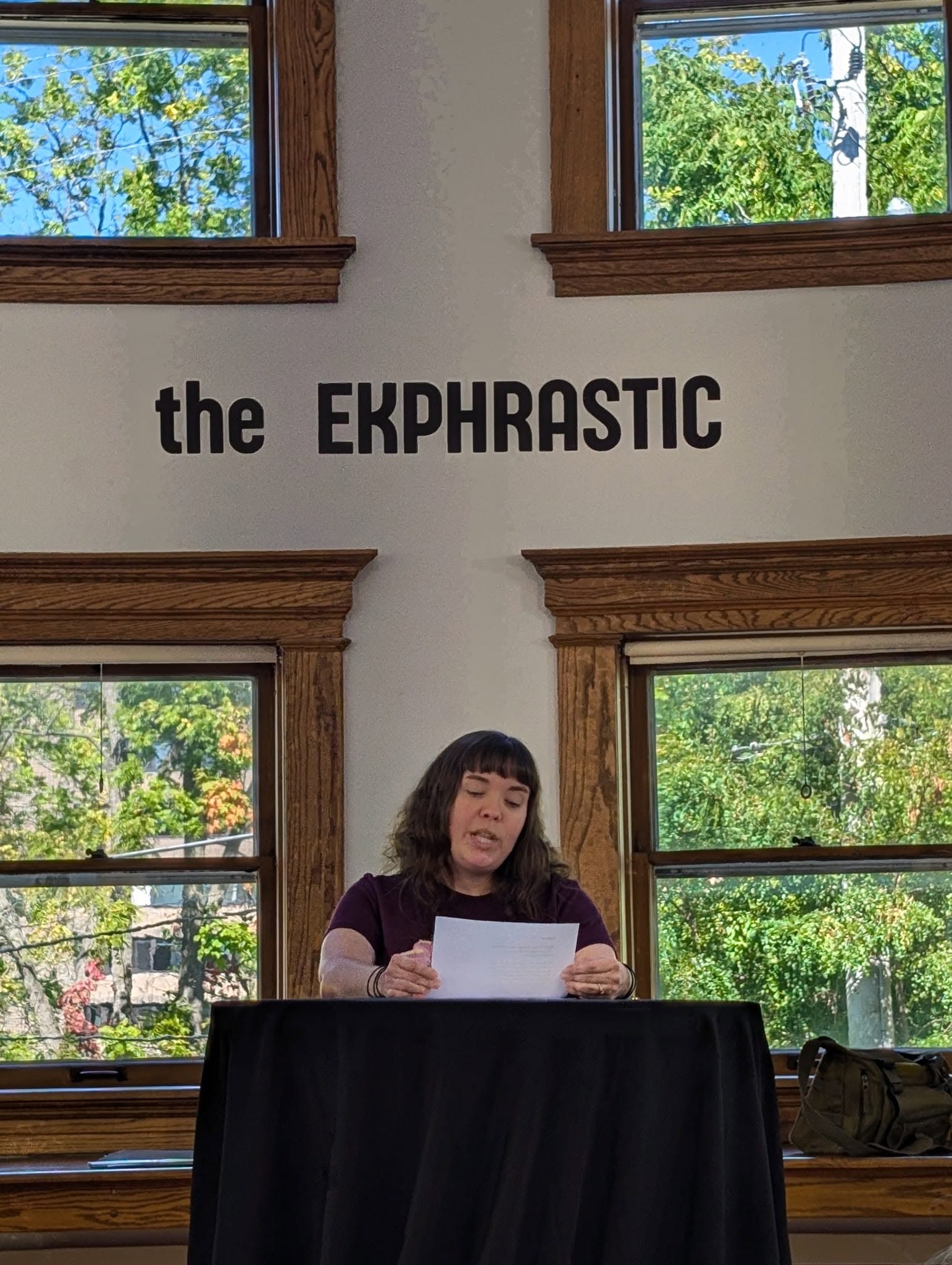 Person sitting at a table reading a paper, with windows and trees in the background, and text on the wall reading 'the EKPHRASTIC'.