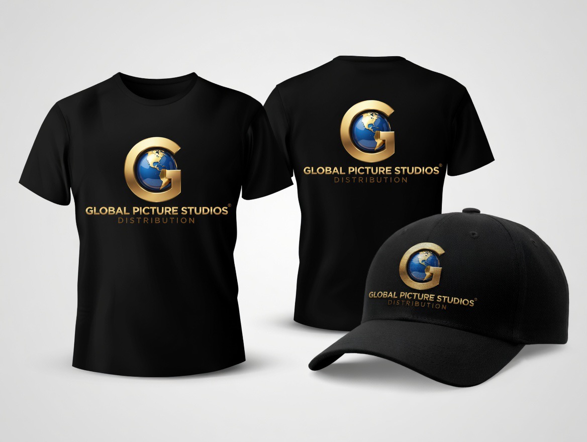 Black T-shirt and cap with gold and blue logo and text for Global Picture Studios, front and back views.