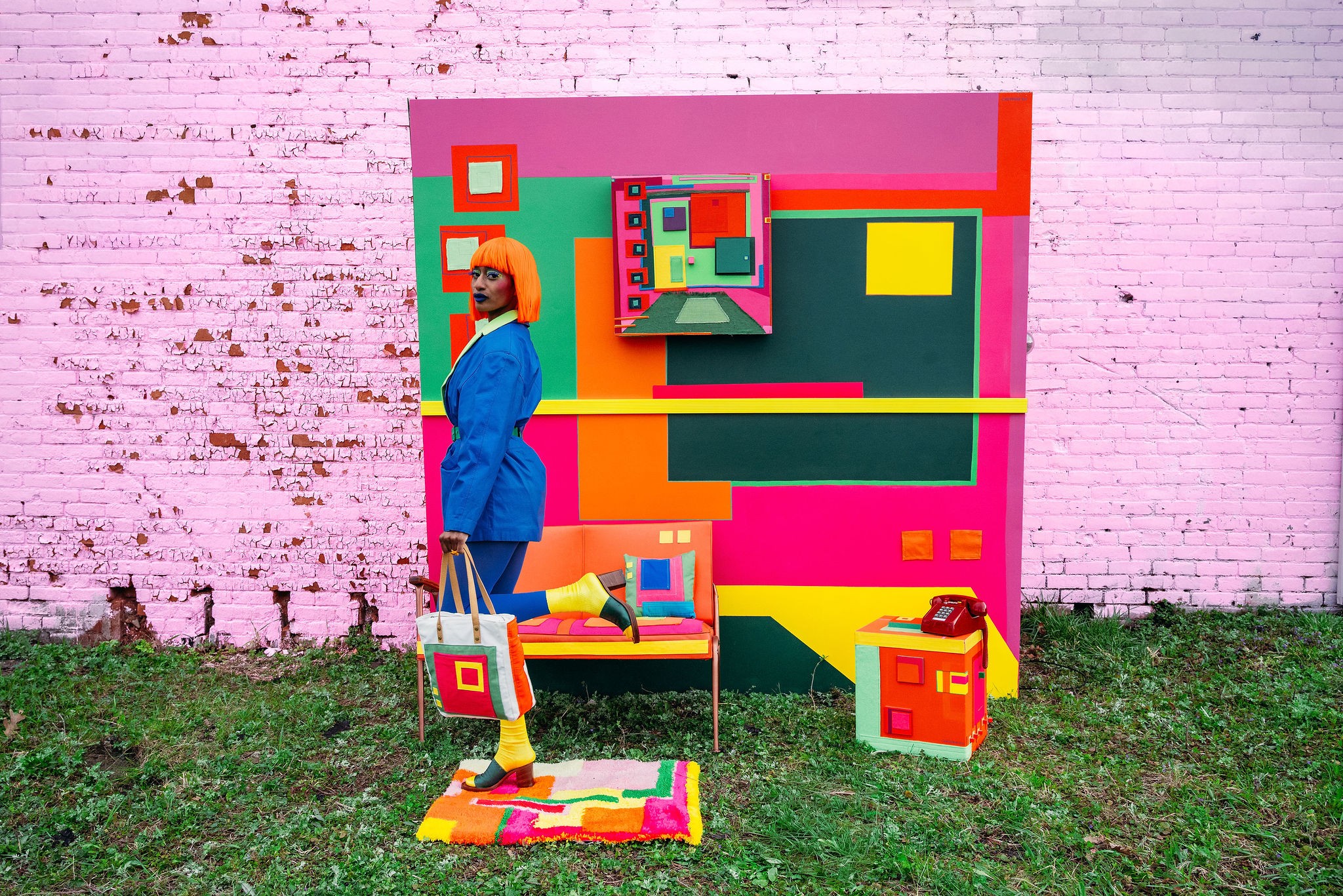 Person in blue coat and yellow shoes holding a bag with geometric patterns, standing in front of colorful abstract art installation on pink wall.
