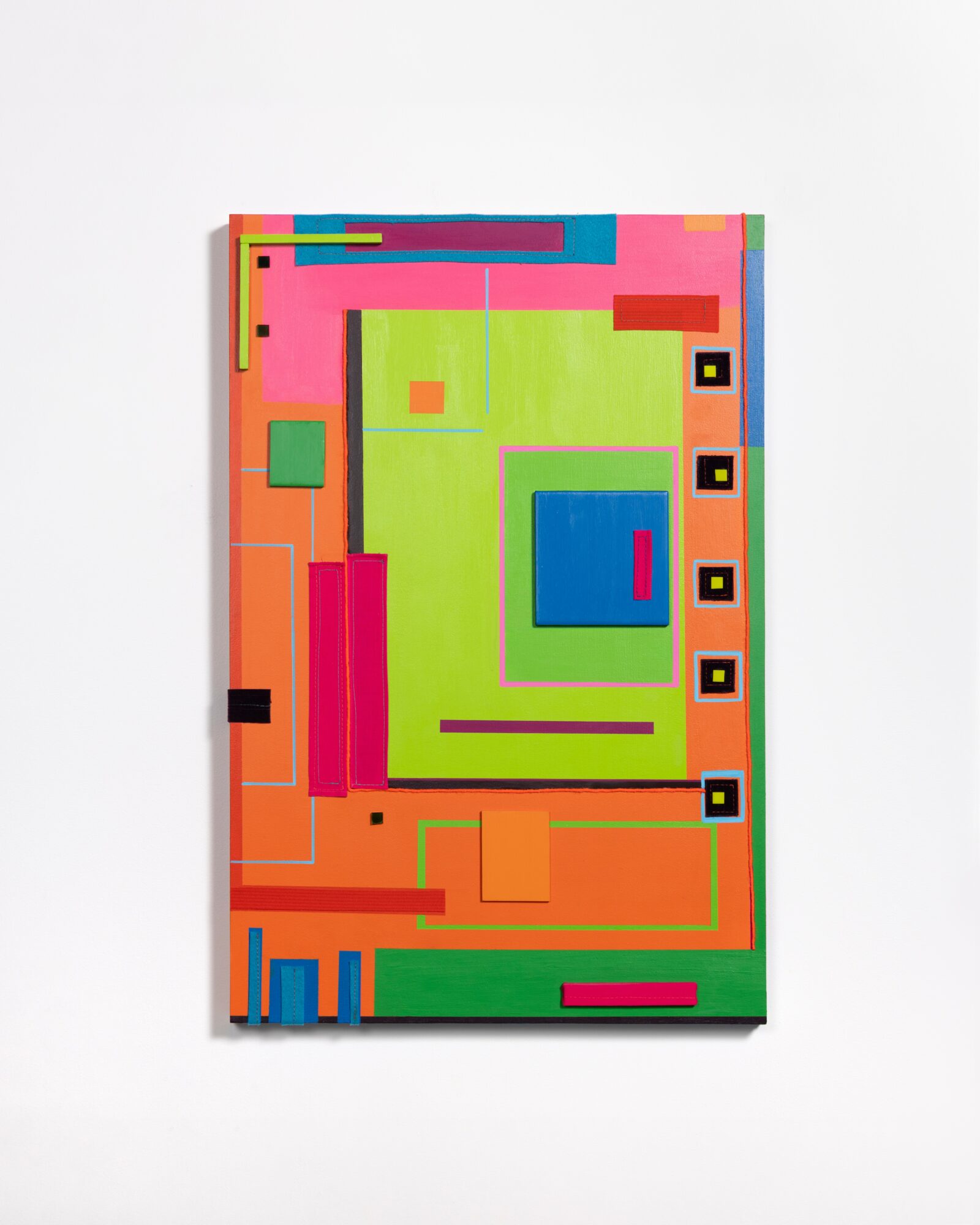 Colorful abstract geometric artwork with squares, rectangles, and lines in pink, green, blue, orange, and black on a white background.