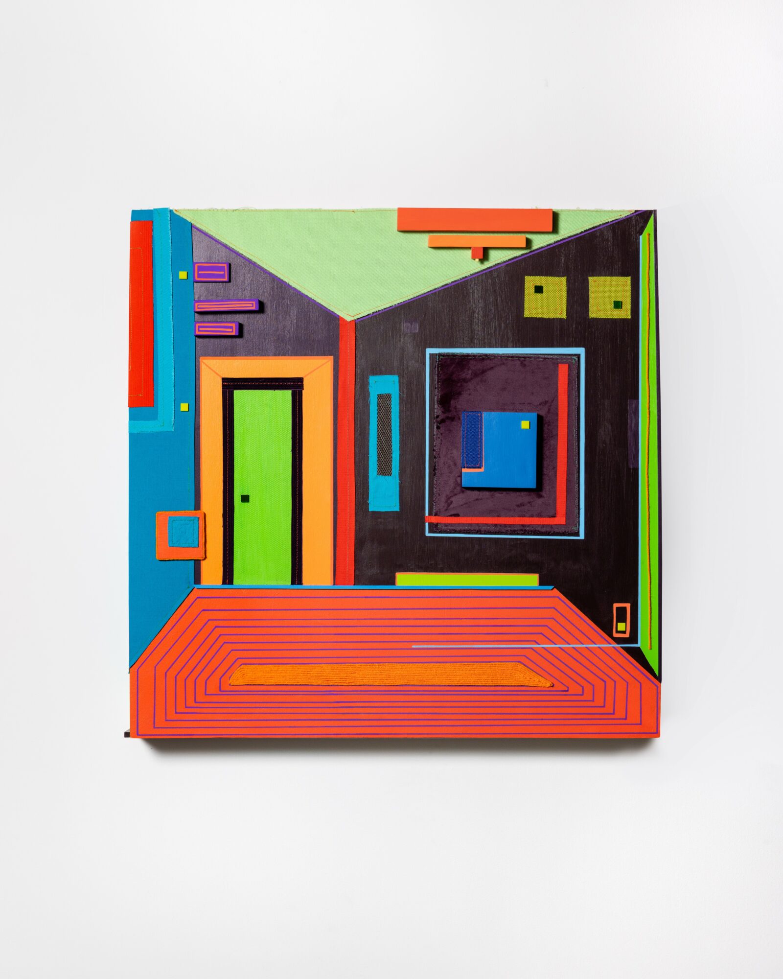 Colorful abstract artwork with geometric shapes and lines on a square canvas, featuring bright colors like red, green, blue, and yellow.