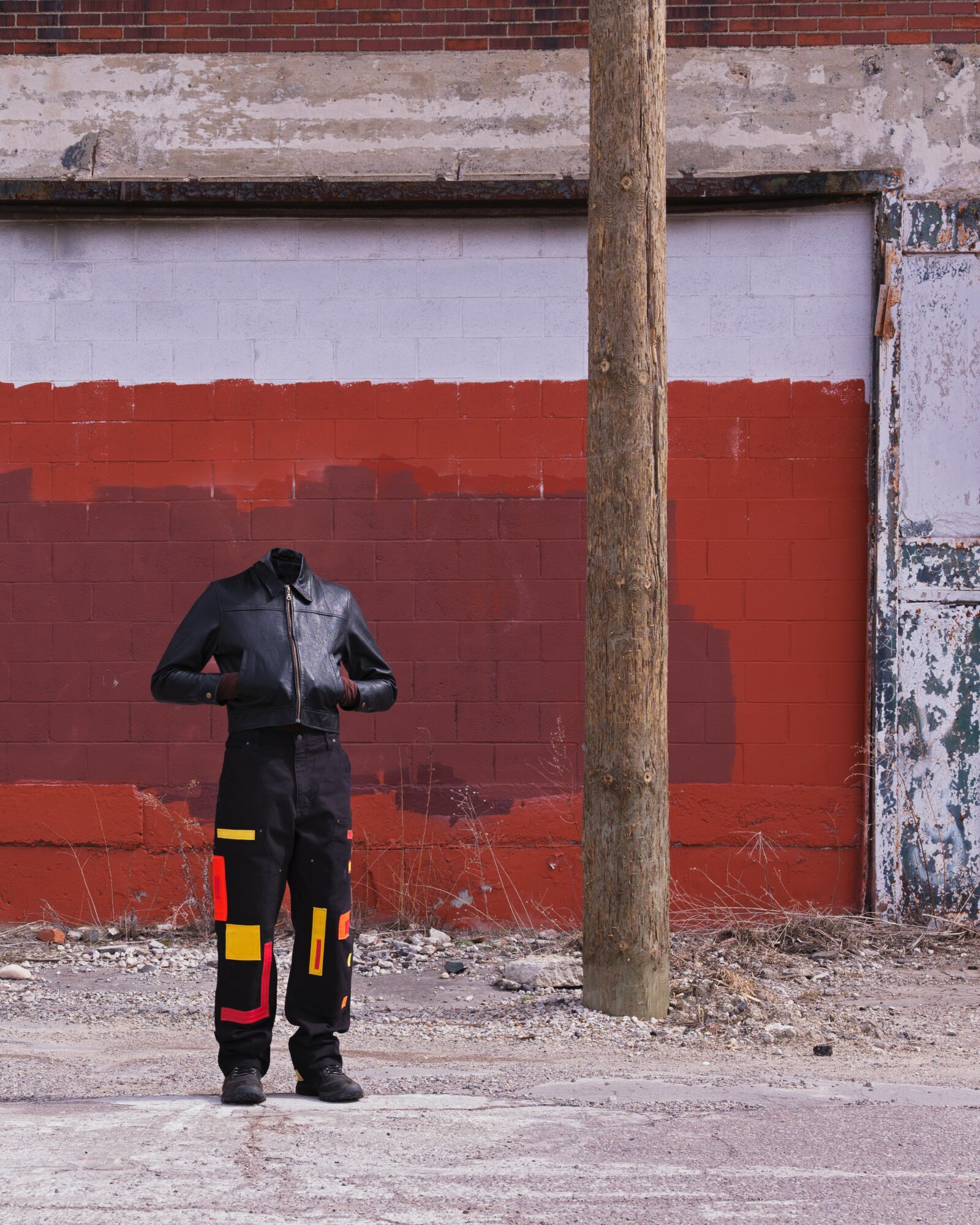 Person in dark clothing standing in front of a red and white wall with a wooden pole nearby.