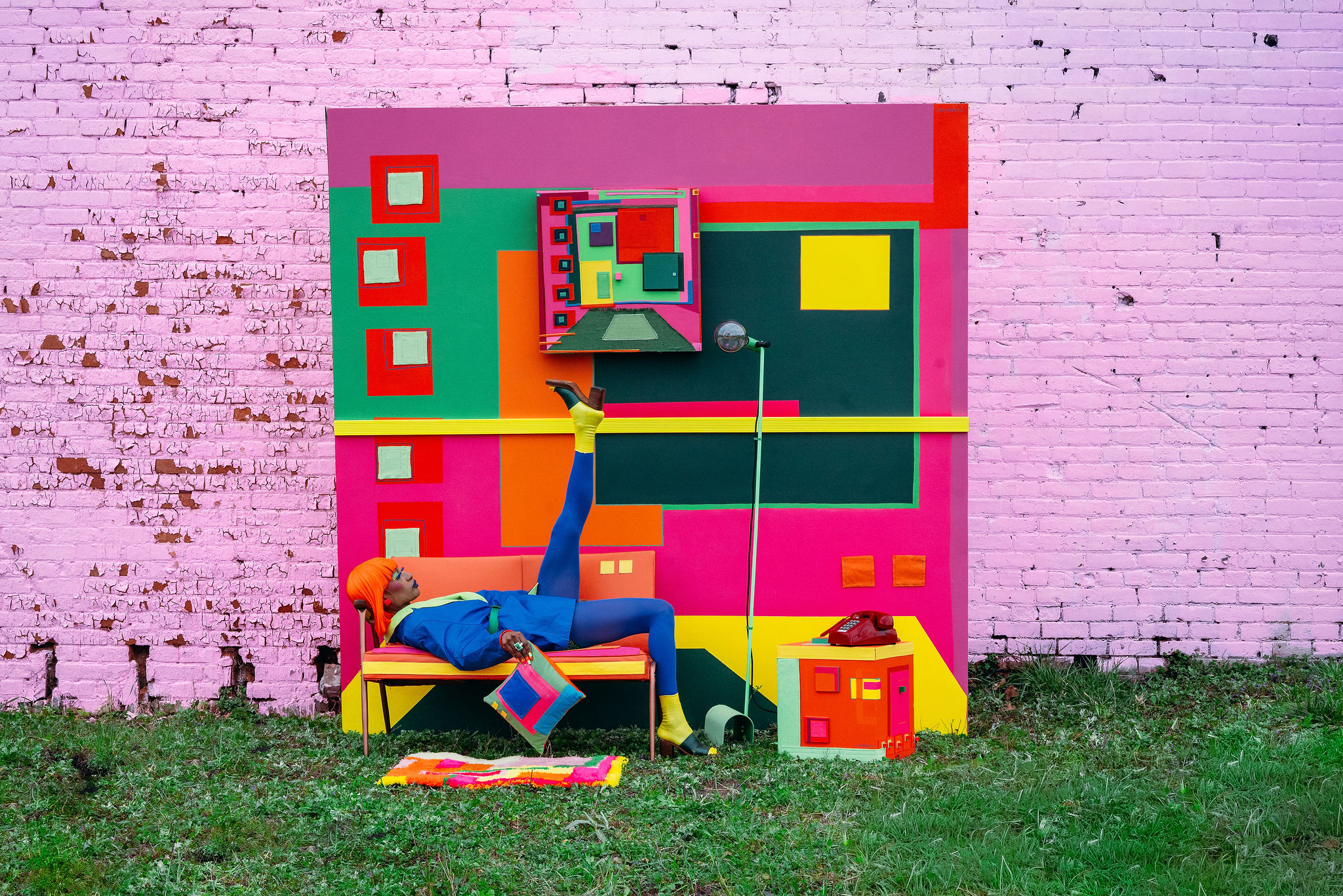 Person lying on a yellow bench reaching for a colorful box against a pink brick wall with geometric art.
