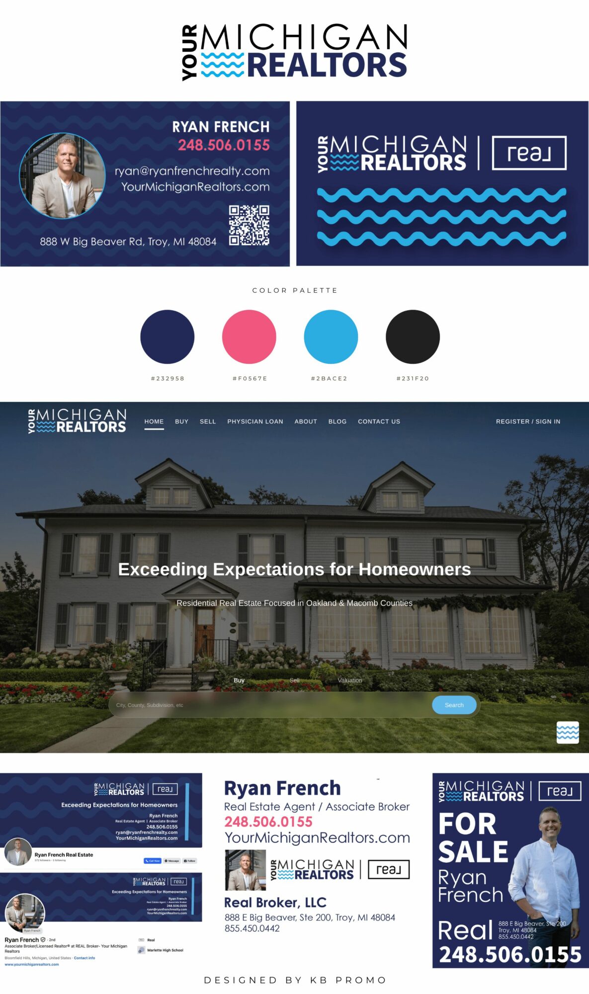 Real estate business card and a house with a front porch and landscaping, with text about real estate services.