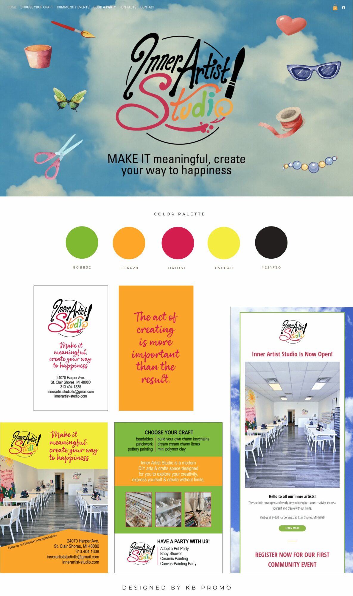 Collage of colorful arts and crafts, event flyers, and a classroom photo with children and teachers.
