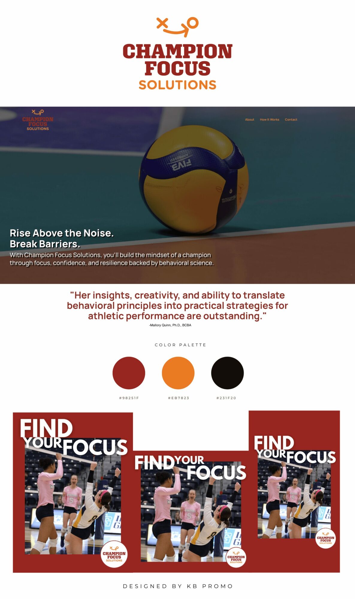 Sports-themed poster with a volleyball, text about focus and solutions, and three smaller images of a volleyball game.
