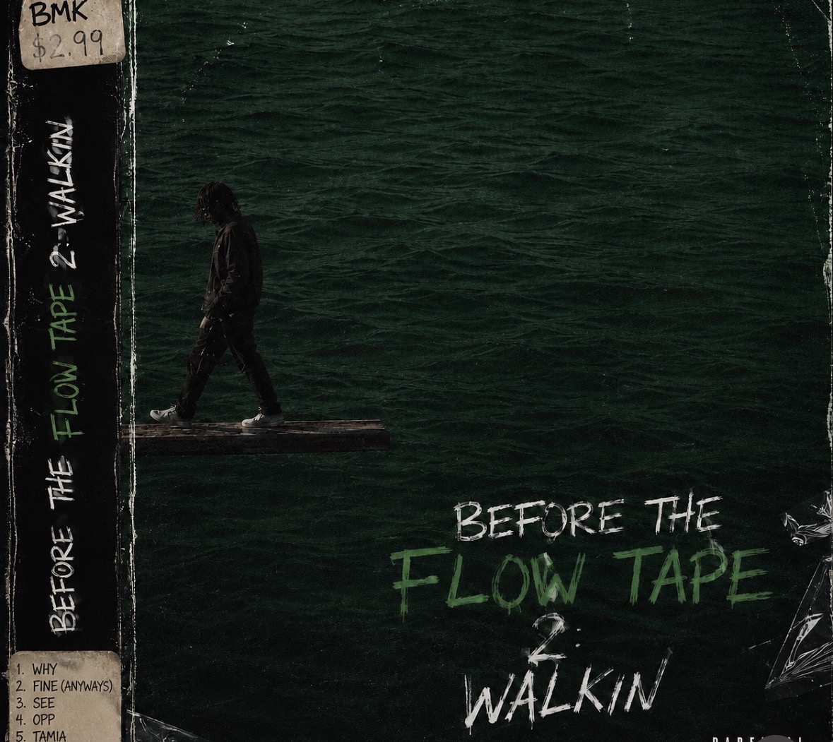 Person walking on a paddleboard on water, with handwritten text about flow tape and walking, and a price tag in the corner.