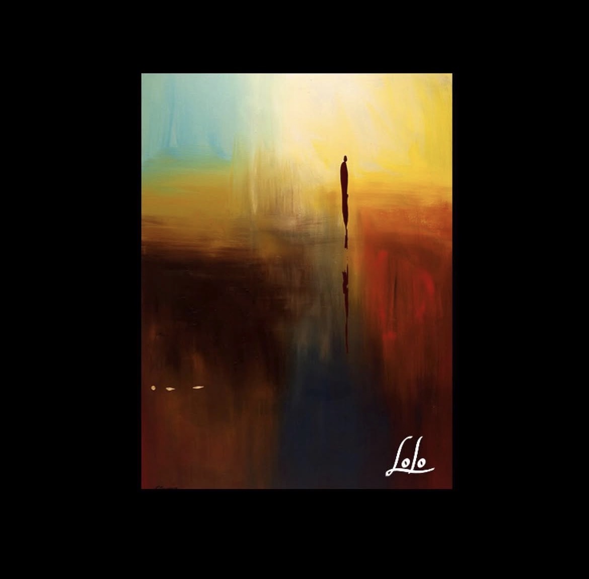 Abstract painting with a vertical figure, blending warm and cool colors, signature in bottom right corner.