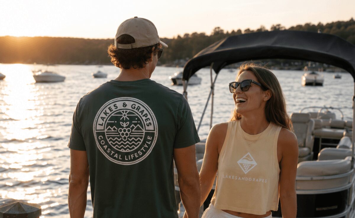 Two people talking near a boat on a lake during sunset, with boats in the water and trees in the background.