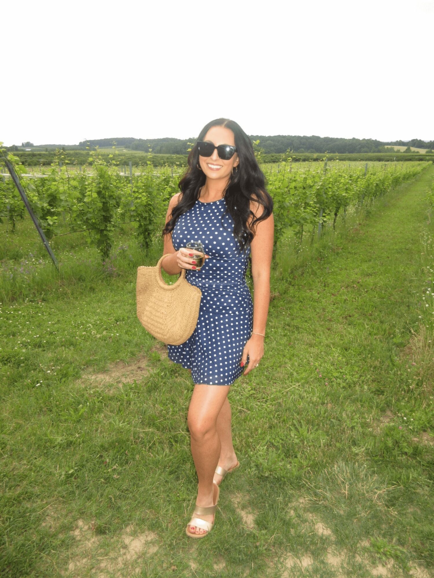 Woman in a blue polka dot dress holding a straw bag and sunglasses, standing outdoors in a green field.