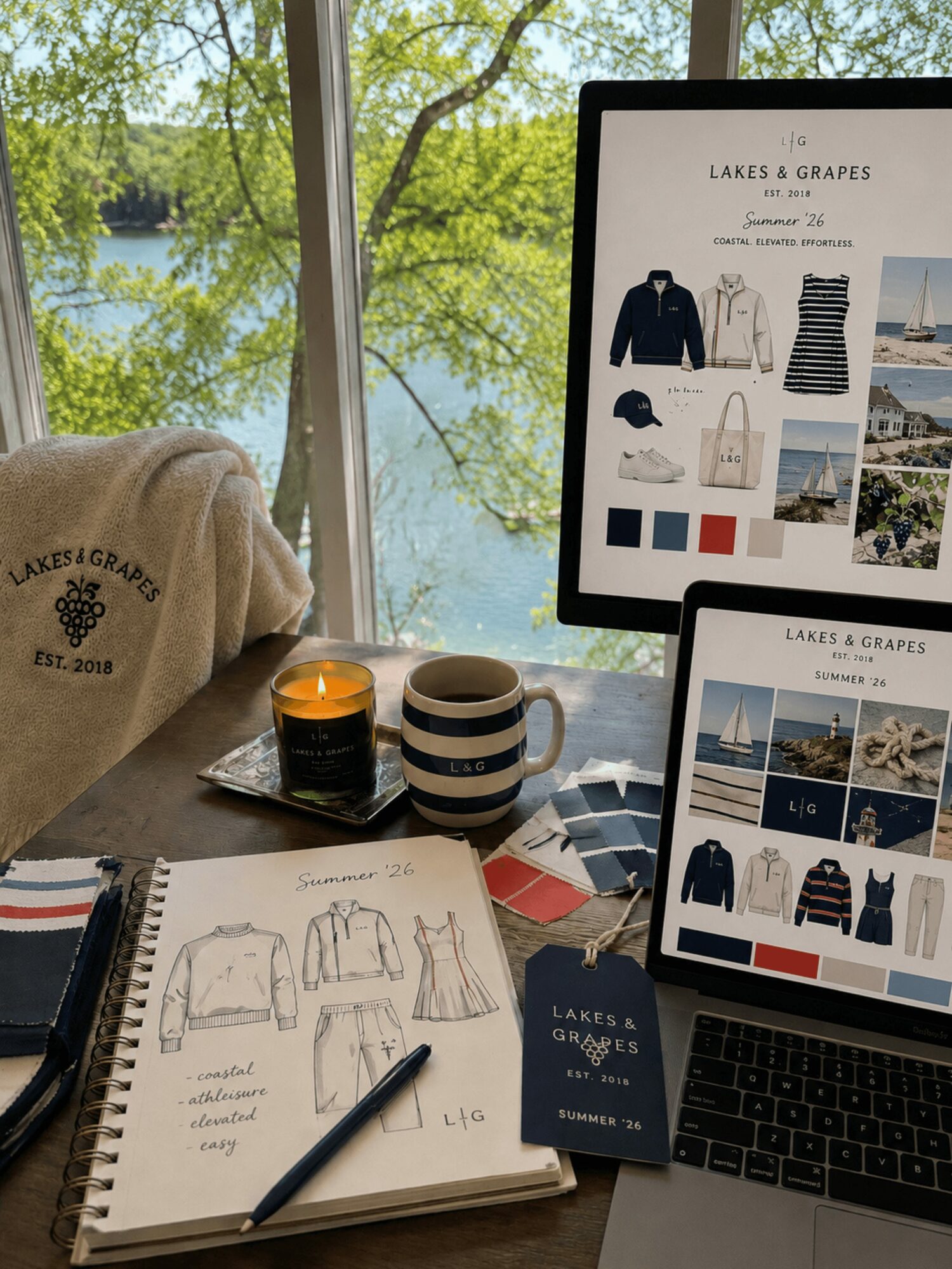 Desk with notebook, pen, candles, mug, and two screens displaying fashion and lakes images, with a window showing trees and water outside.