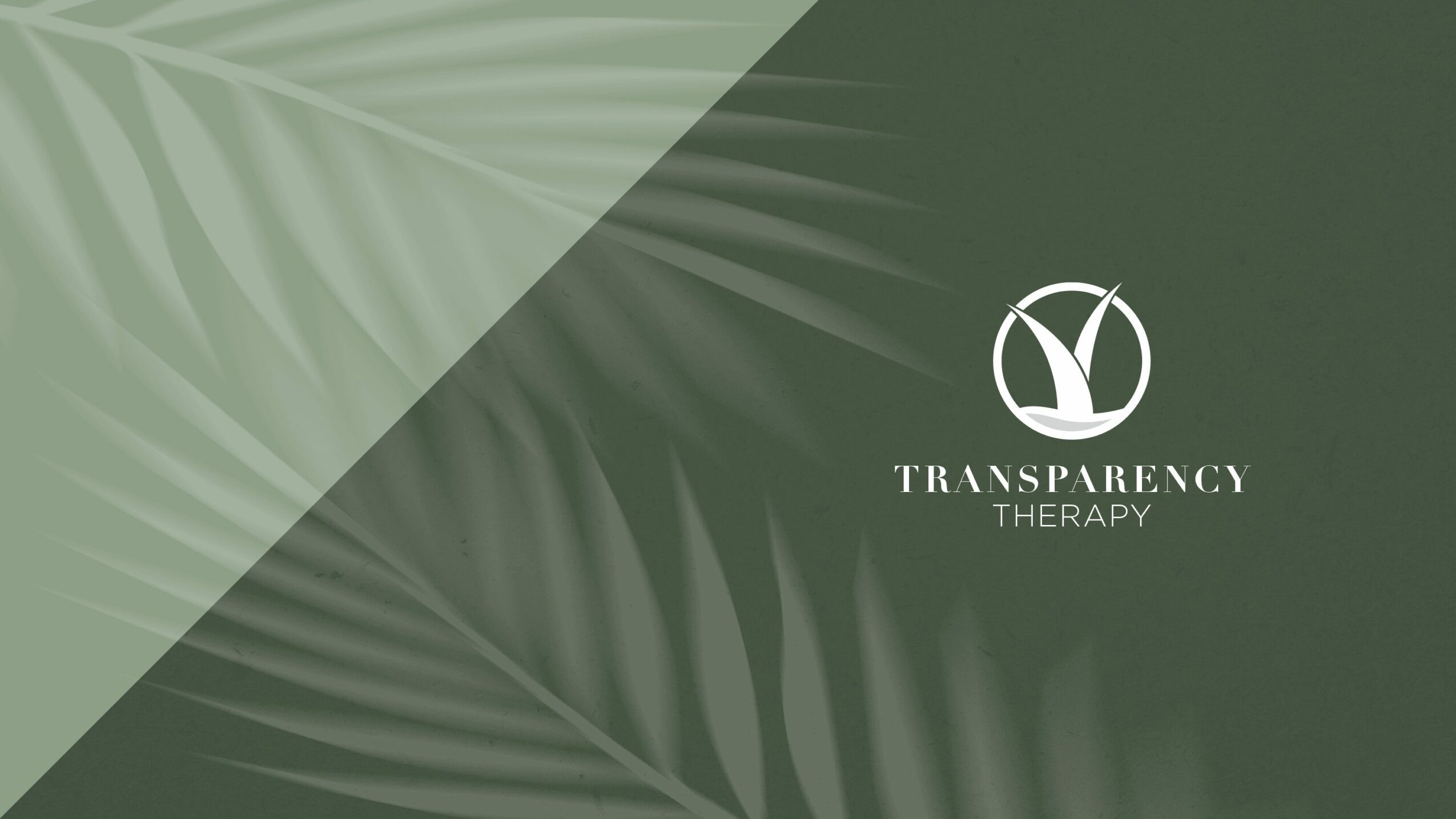 Green background with palm leaf shadows and a logo with text 'Transparency Therapy'.
