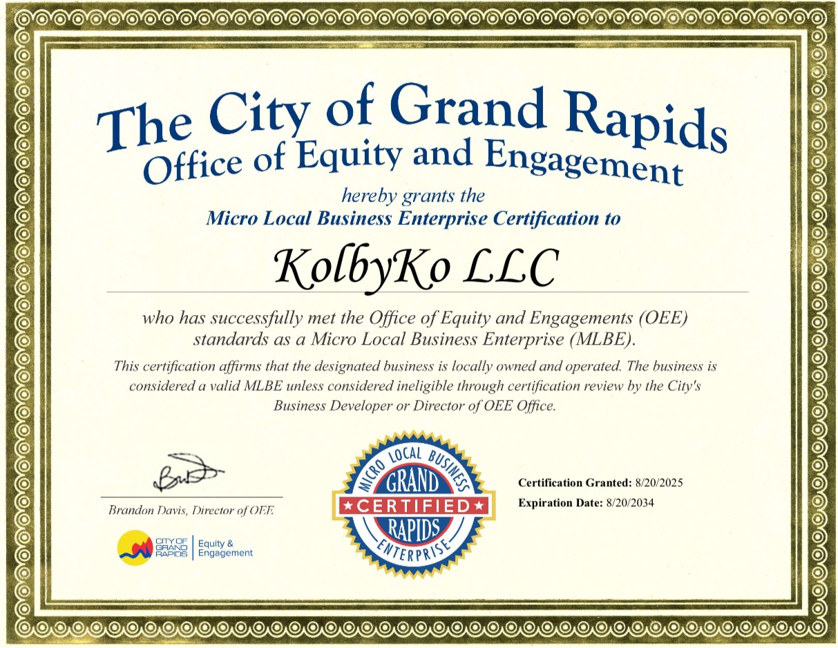 Certificate from Grand Rapids Office of Equity and Engagement for Micro Local Business Enterprise Certification, with official seals and signatures.