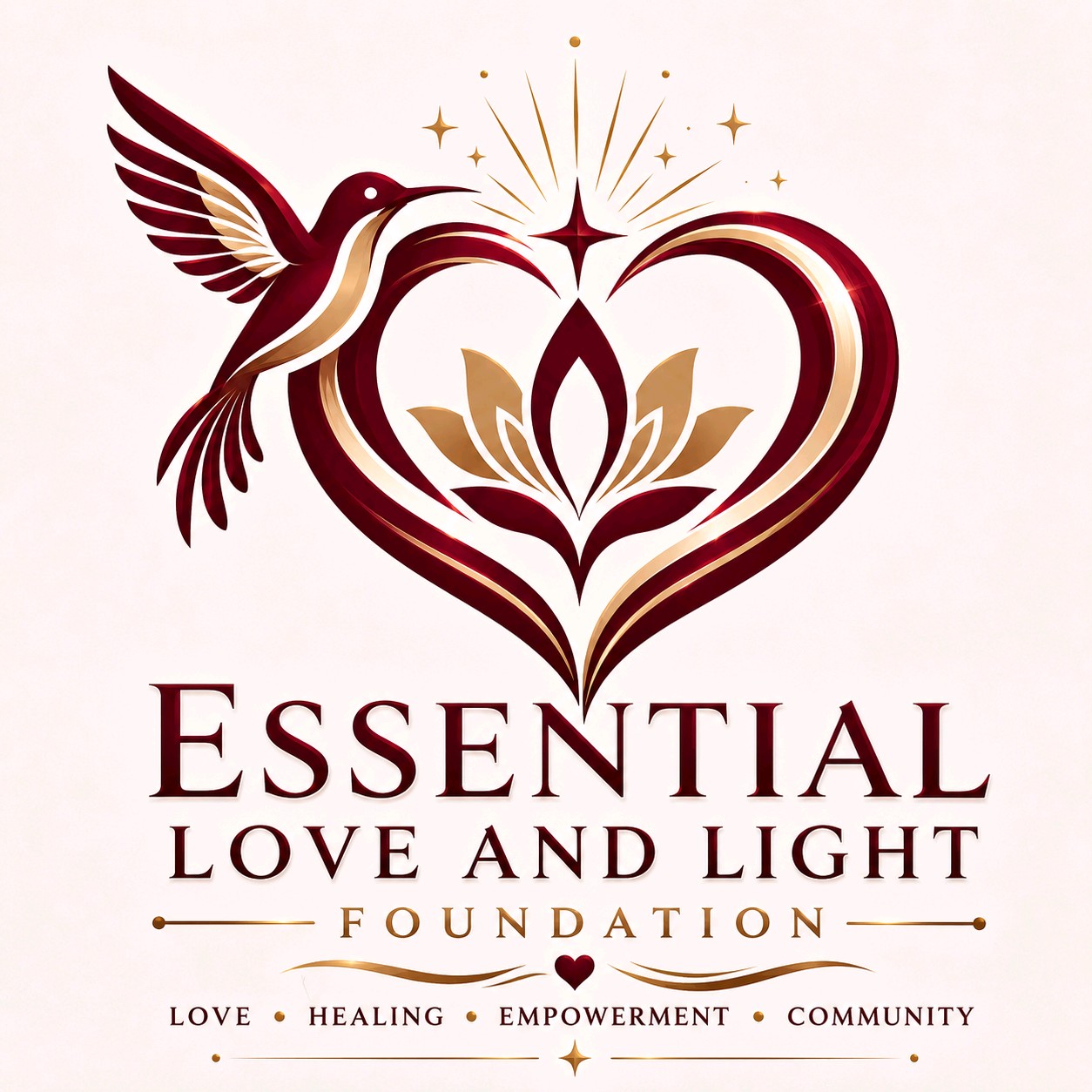 Hummingbird flying near a heart-shaped design with a lotus flower, stars, and sparkles, with text about love, light, and a foundation.