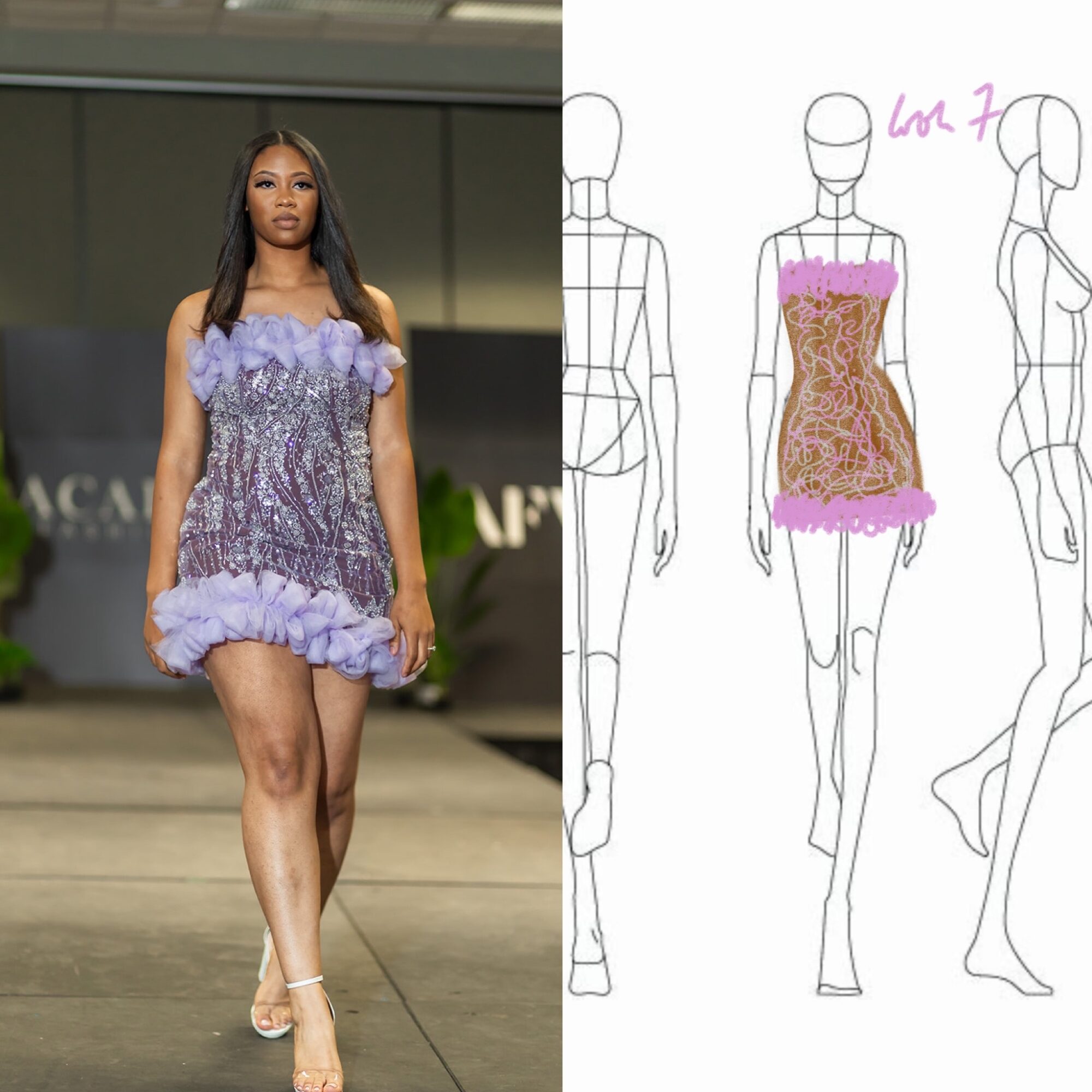Model walking runway in purple and pink dress with ruffles and floral pattern, sketch of dress design beside her.