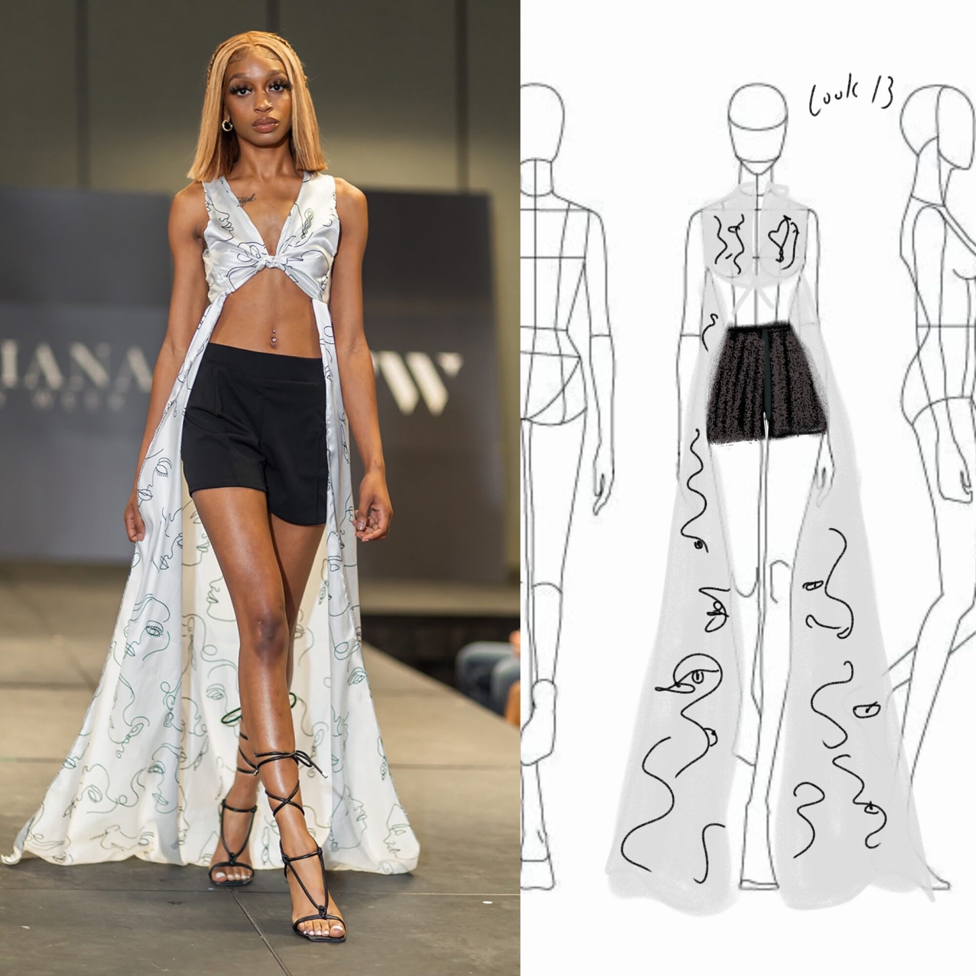 Fashion model walking runway in a long, flowing white dress with a high slit, black shorts, and high heels.