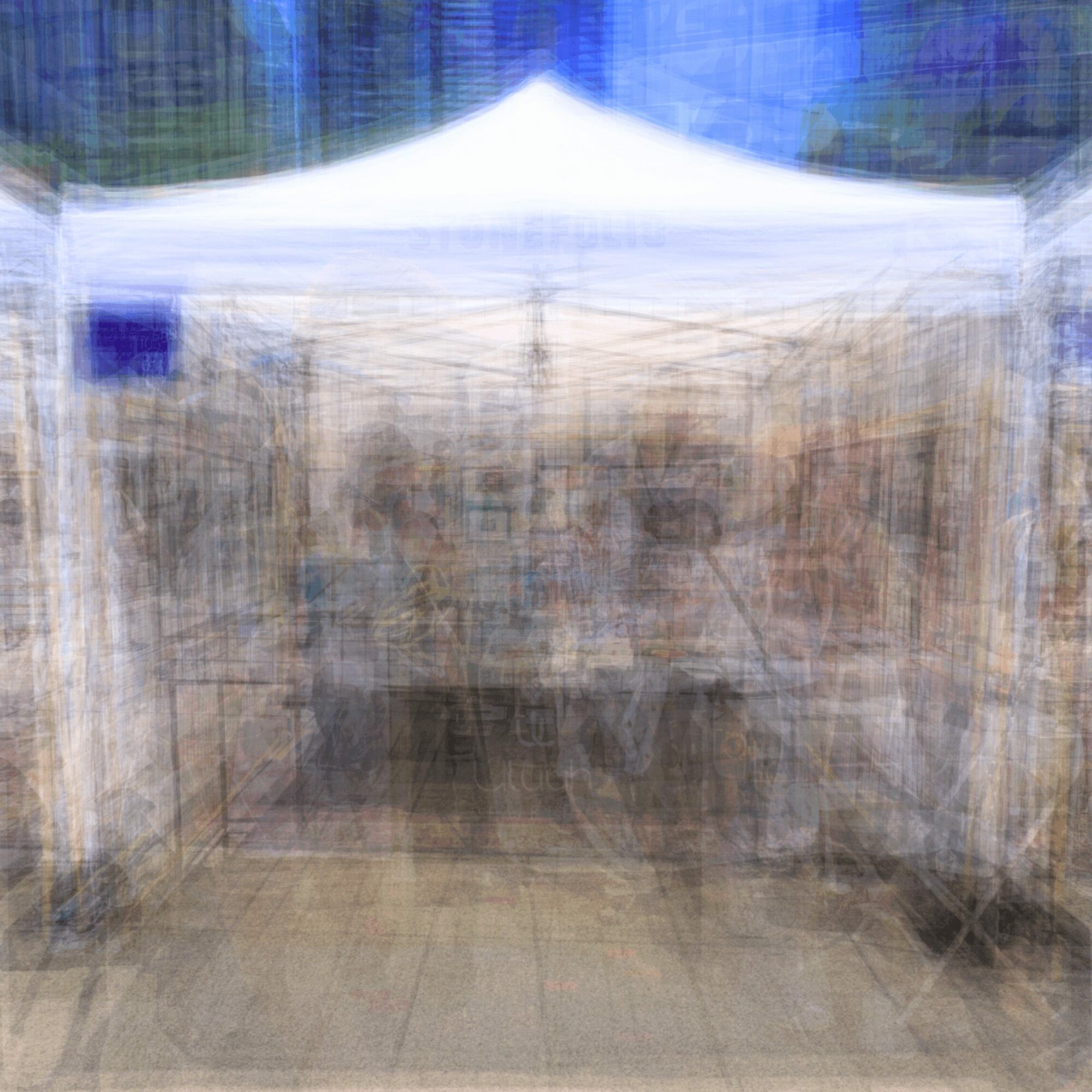 Blurred image of a white tent with people and objects inside, outdoors, with trees in the background.