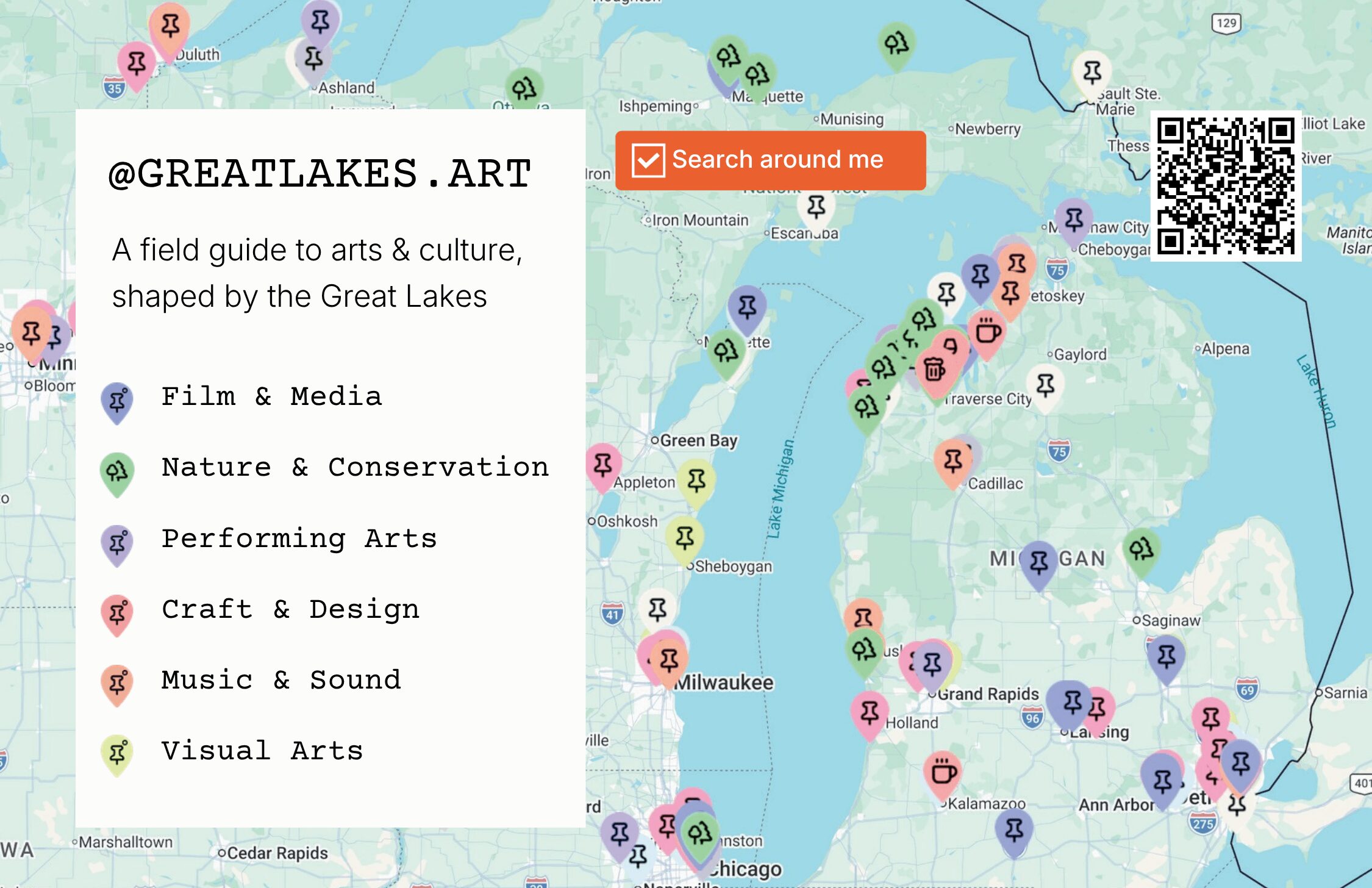 Map of the Great Lakes with icons for arts, media, nature, and music, and a search bar at the top right.