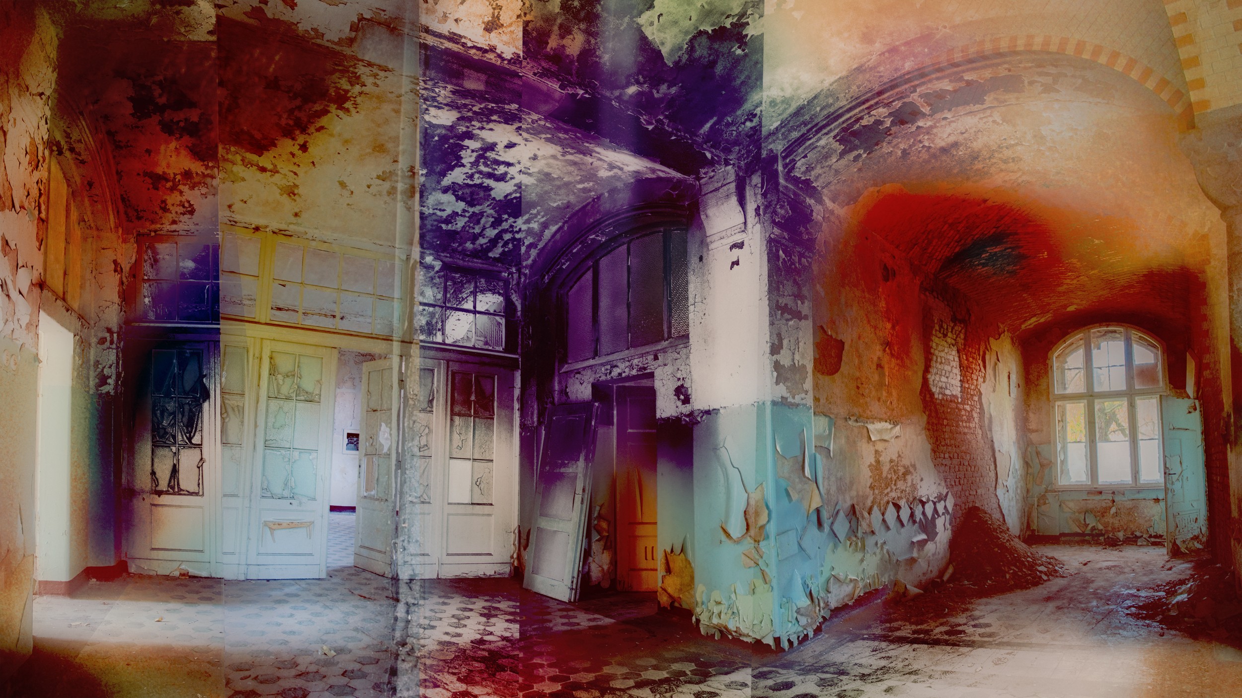 Interior of an abandoned building with broken windows, peeling walls, and colorful graffiti, showing a large arched window and damaged ceiling.