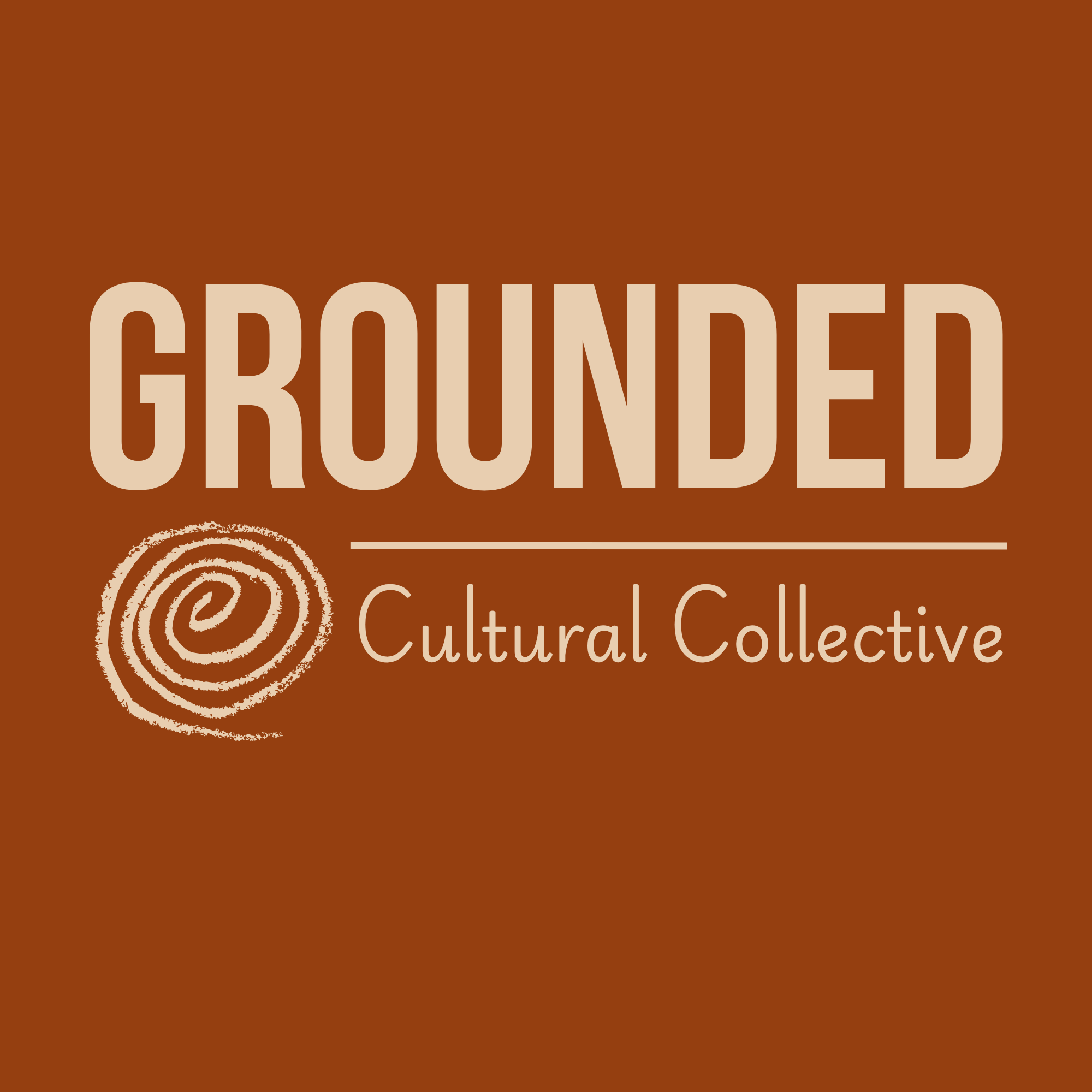Logo with the word GROUND, a spiral symbol, and the text Cultural Collective on a brown background.
