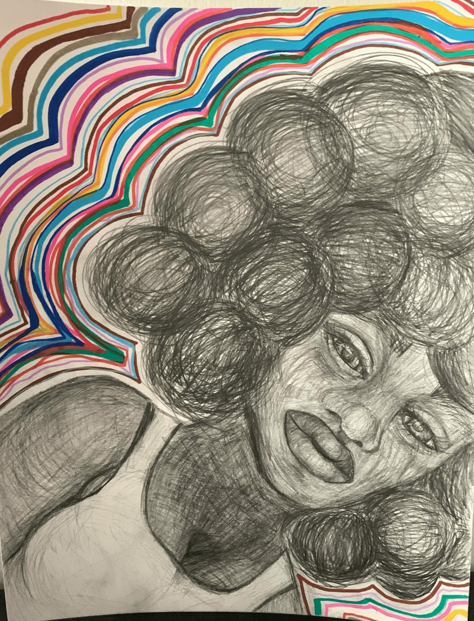 Sketch of a woman with curly hair, smiling, with colorful rainbow-like lines in the background.