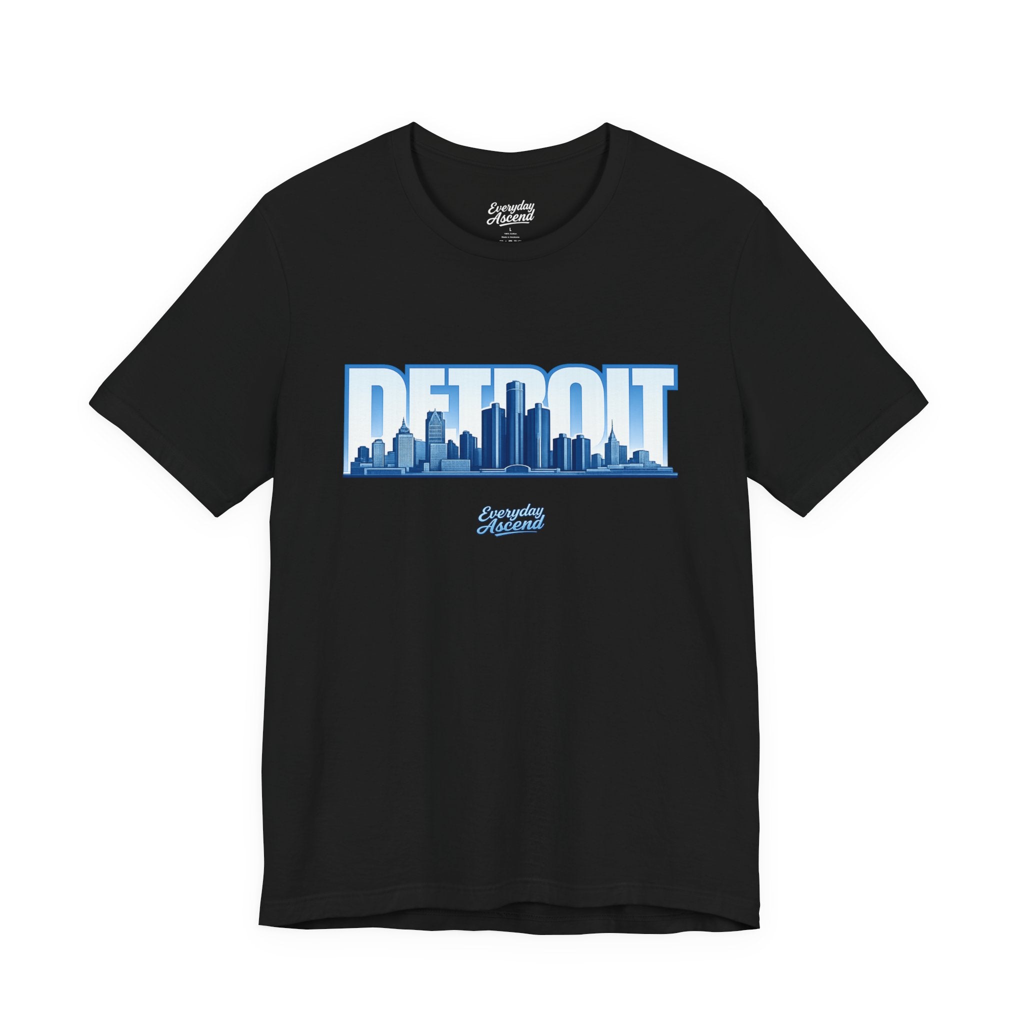 Black T-shirt with a blue and white cityscape graphic and the word 'DETROIT' above it.