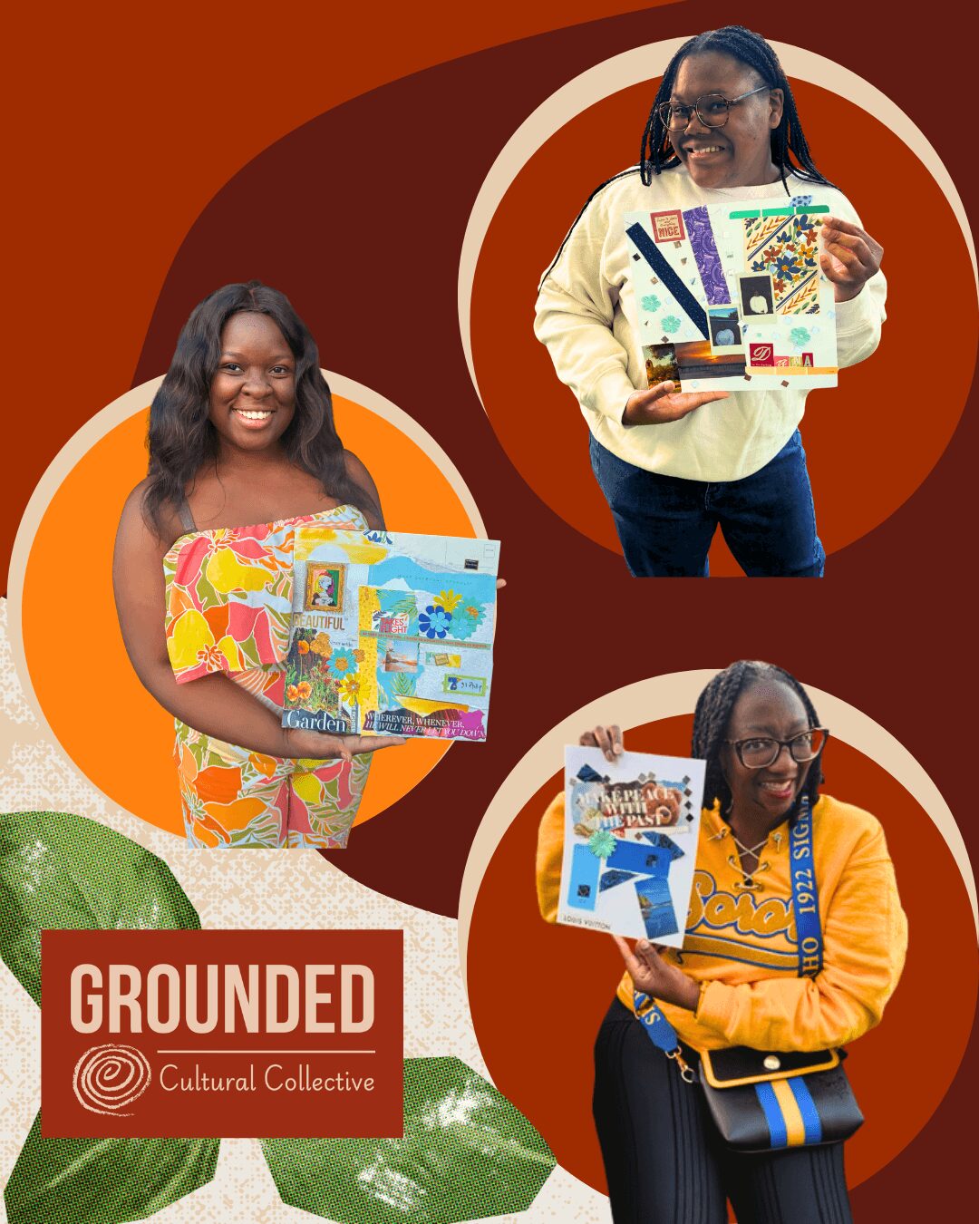 Three smiling children holding colorful artwork and books, with abstract background and Grounded logo, celebrating creativity.