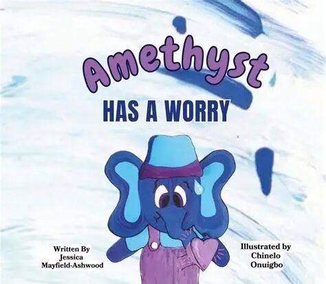 Cartoon elephant with worried expression, wearing a purple shirt, with text about Amethyst having a worry.