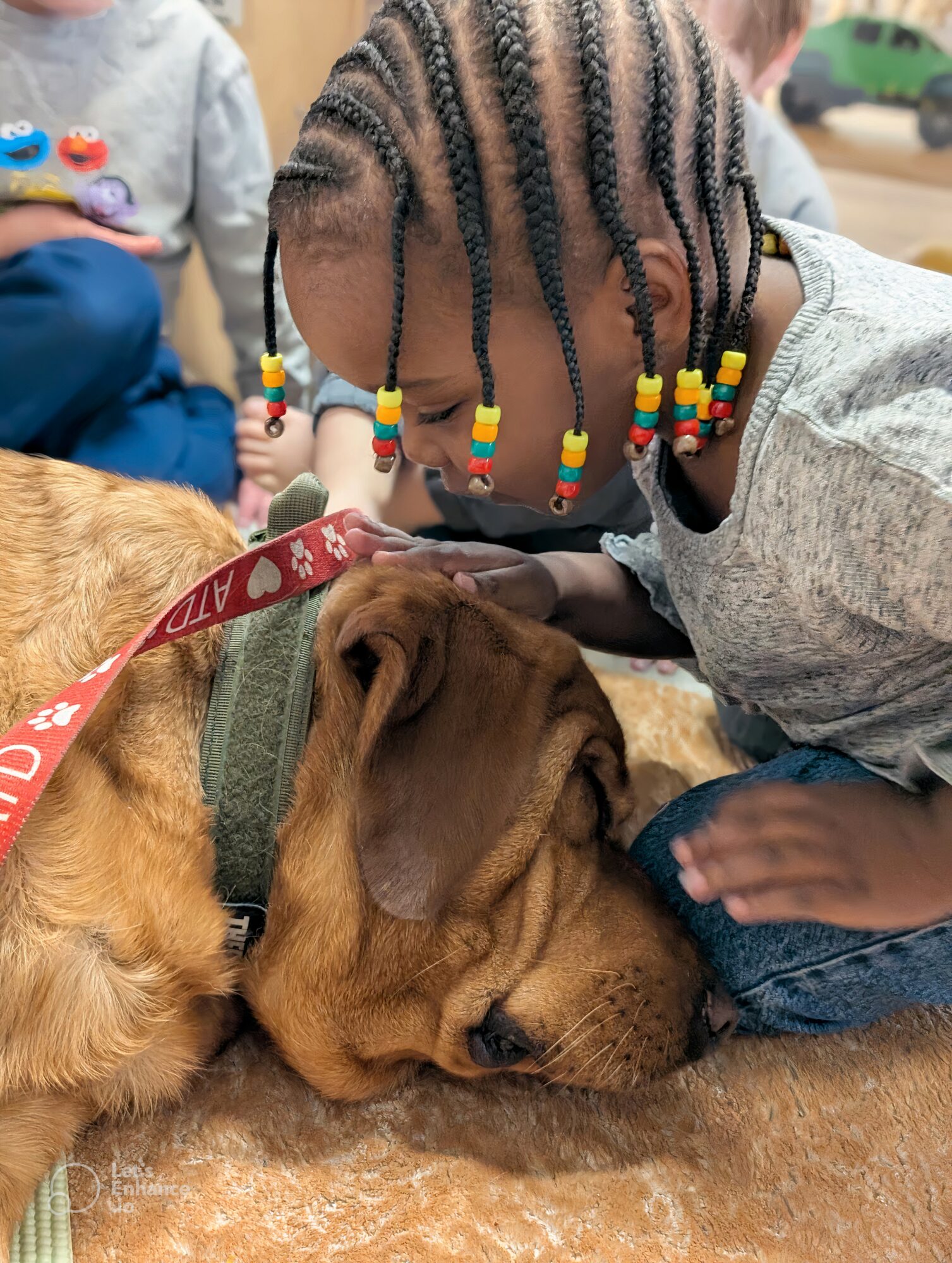 Child with braided hair leaning over a sleeping dog on a blanket, other children in the background.