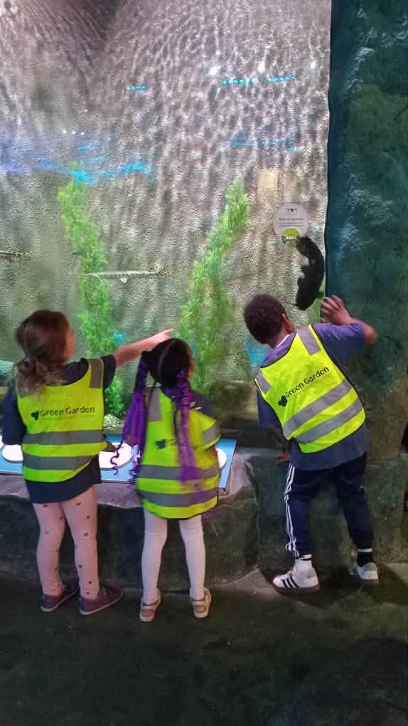 Four children wearing yellow safety vests stand in front of a large aquarium, observing fish swimming inside.
