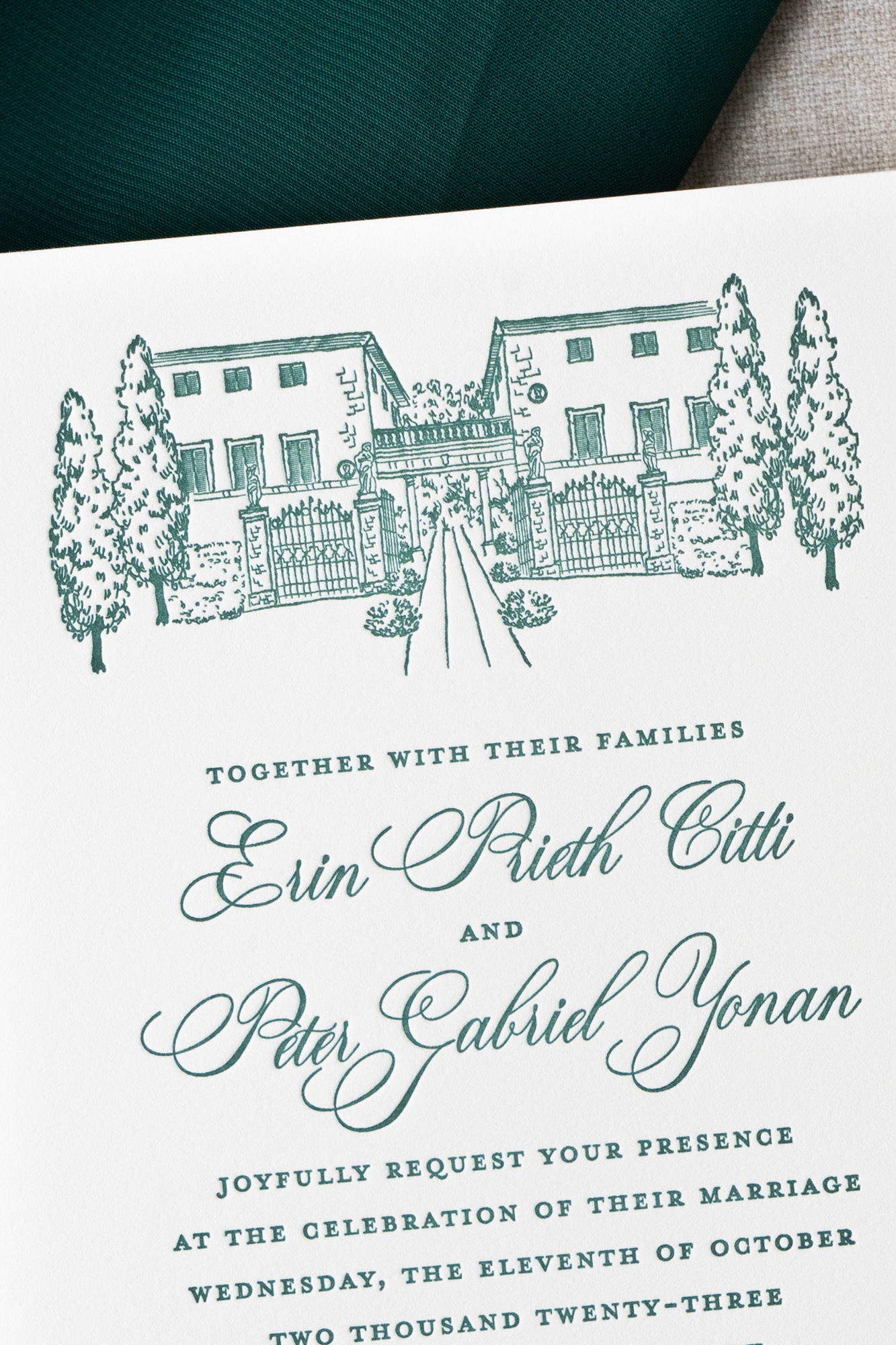 Wedding invitation with trees and elegant text, including names and date, on white background.