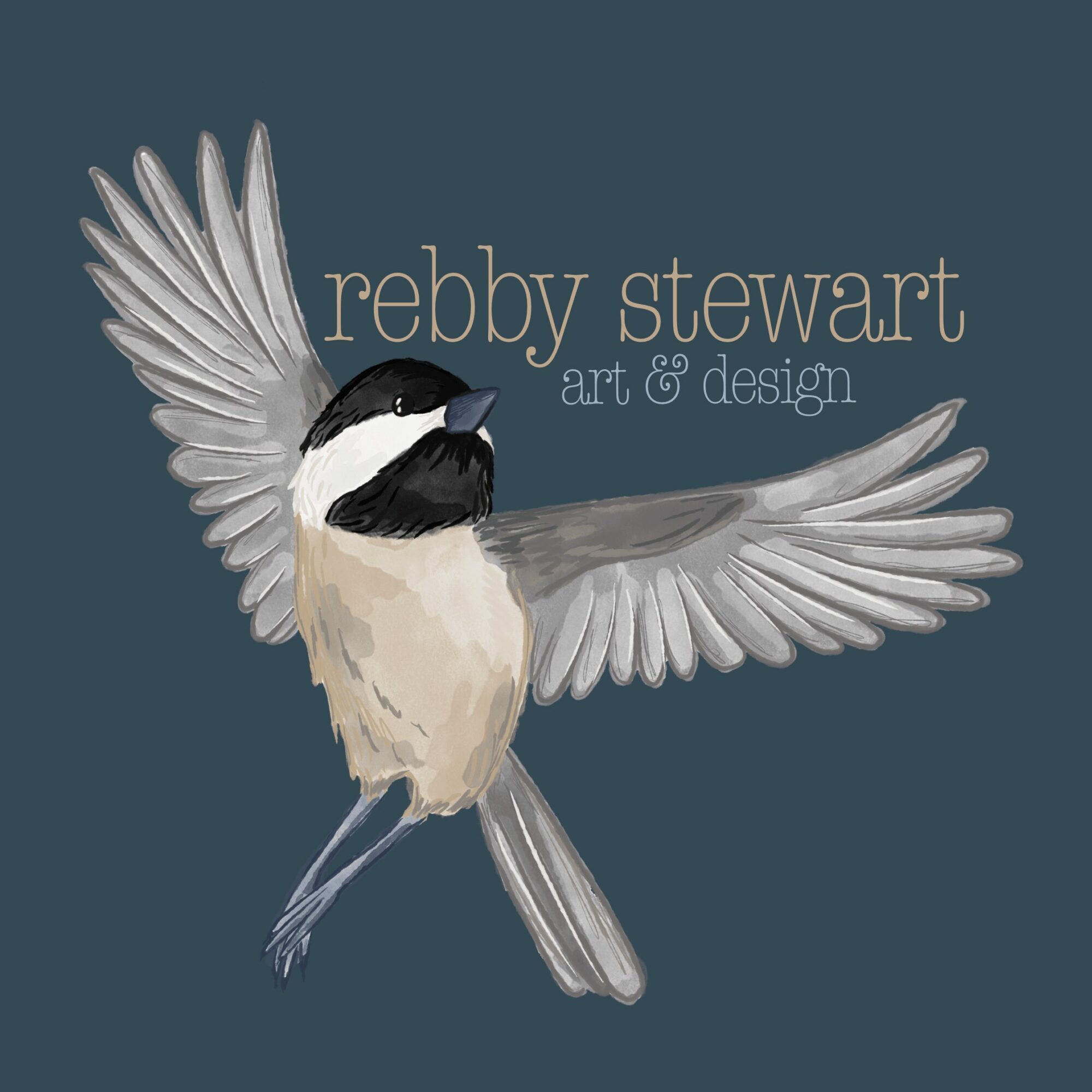 Illustration of a bird with outstretched wings, black and white head, and beige body, with text 'rebby stewart art & design'.