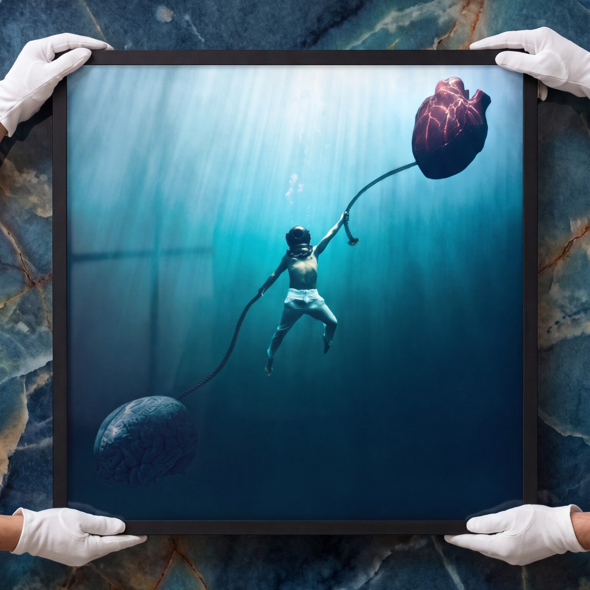 Person holding a framed underwater scene with a child holding a heart-shaped balloon, floating near a large rock, gloves visible.