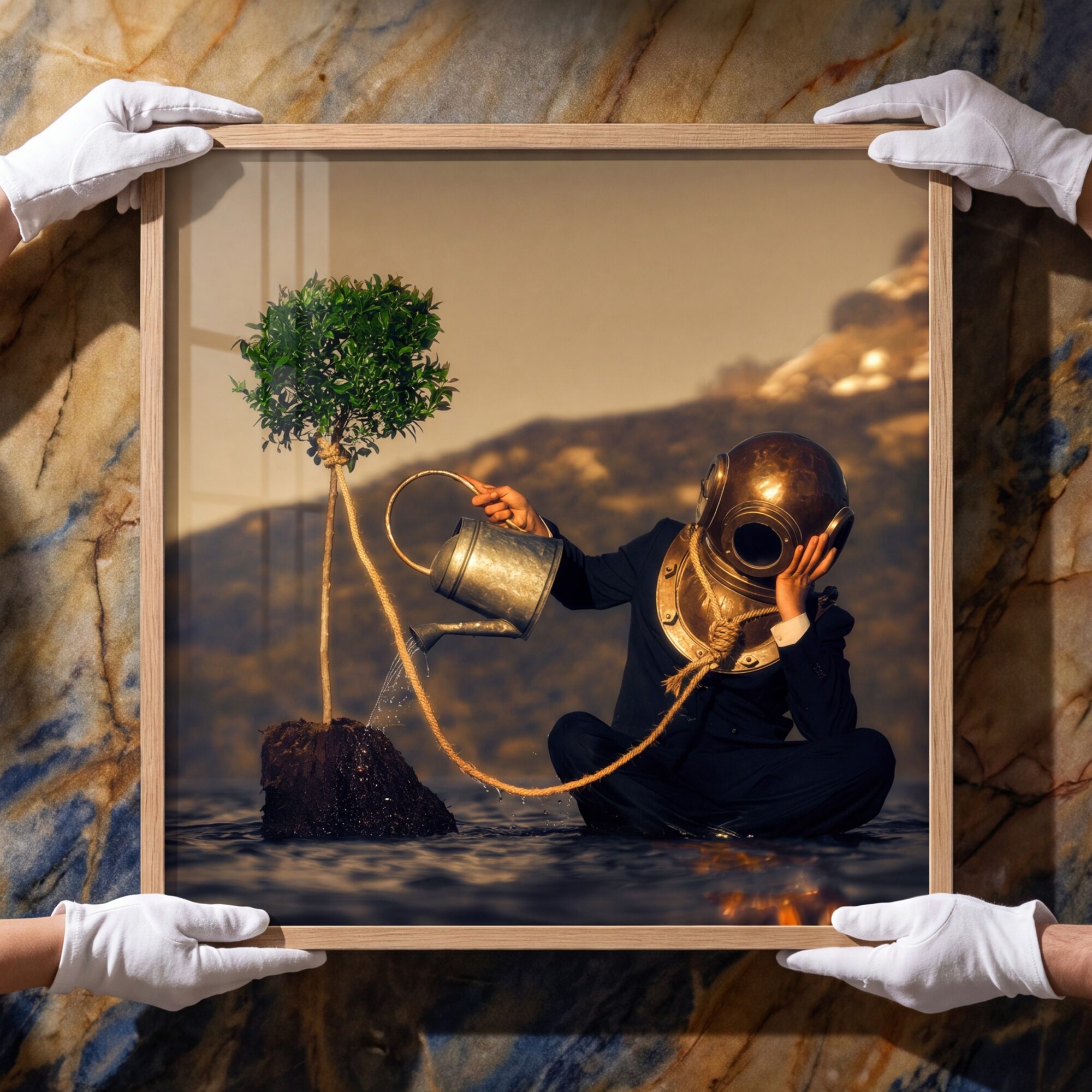 Person in a diving helmet holding a watering can, underwater scene with mountains in background.