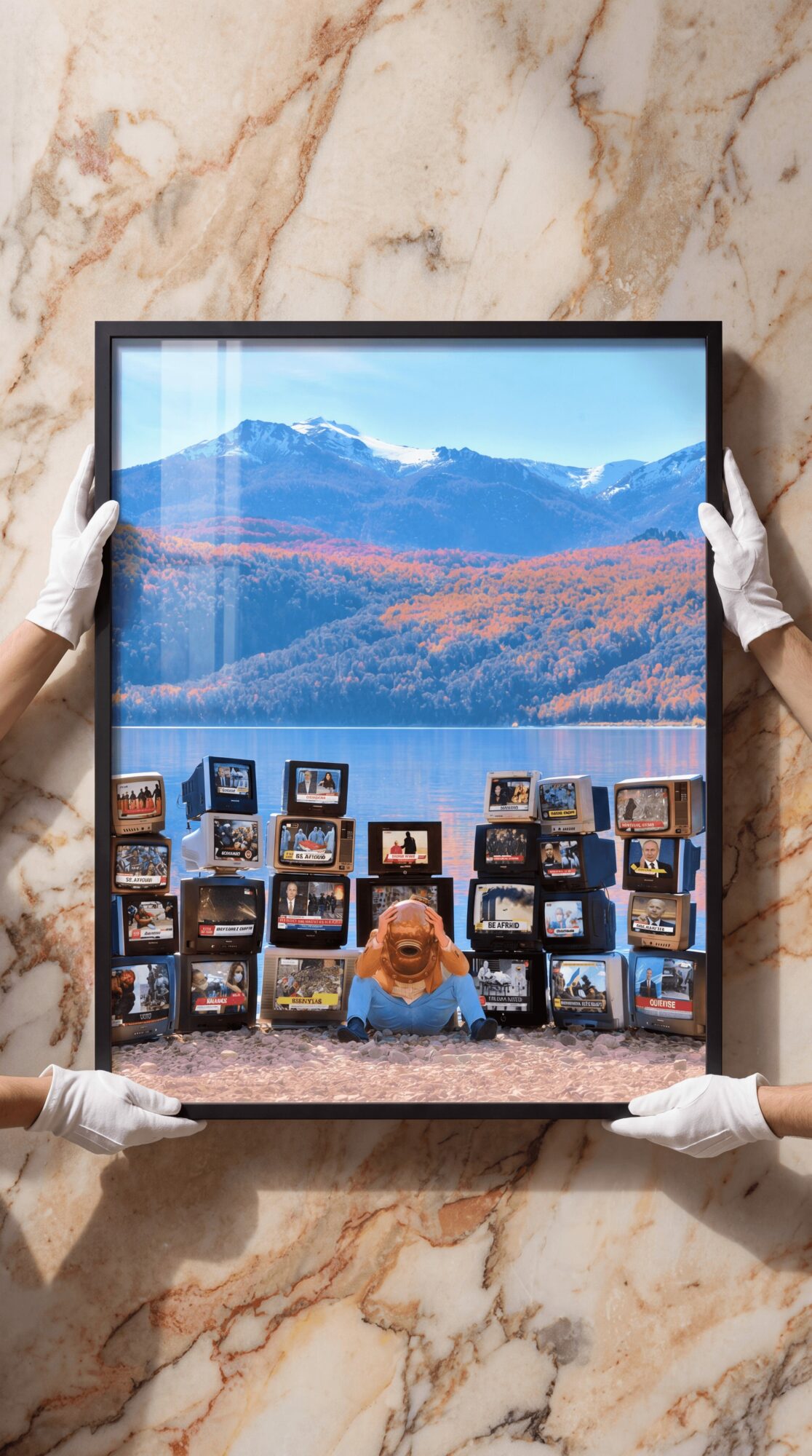 Person holding a framed photo of a dog in front of a landscape with mountains and trees, on a marble surface.