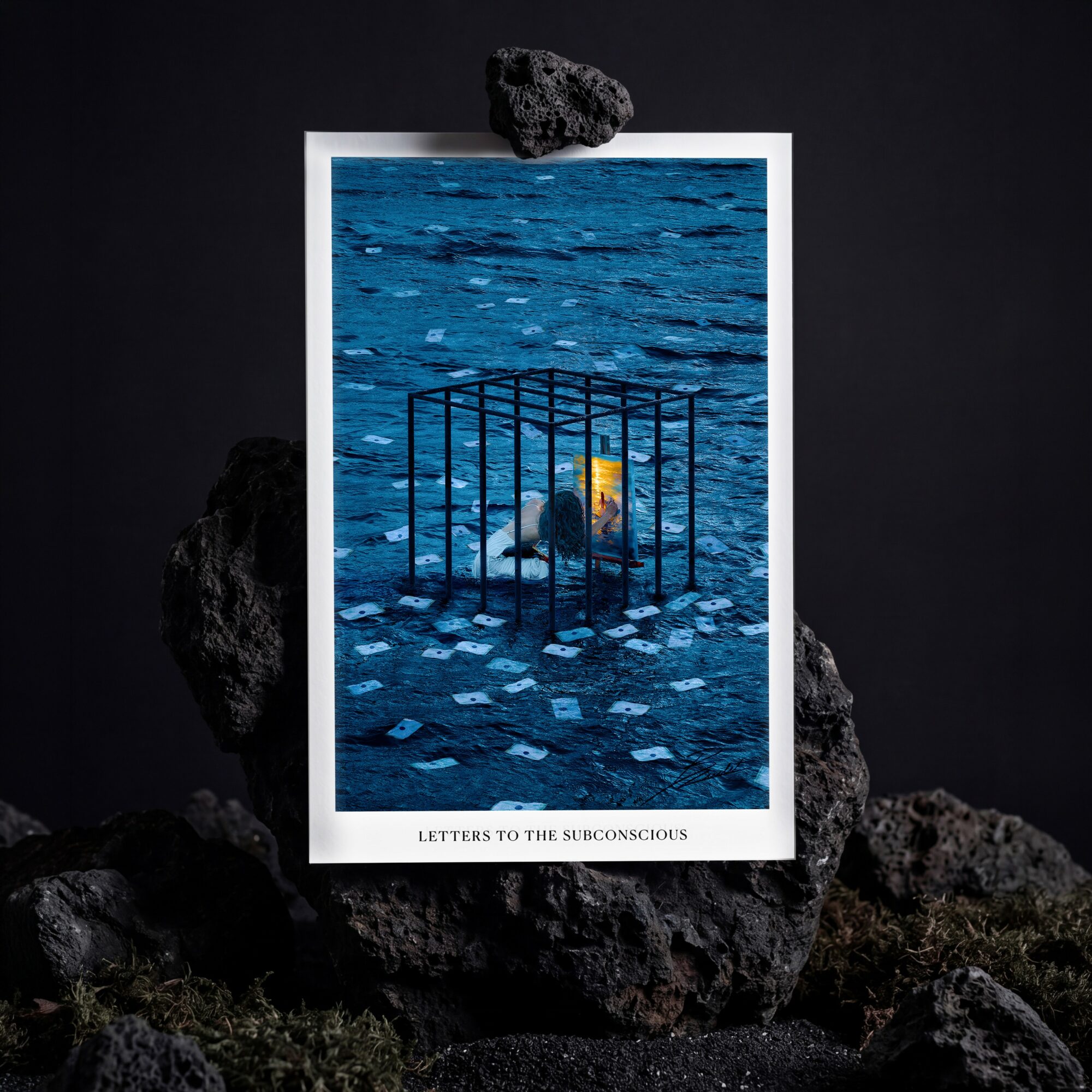 Photograph of a framed picture with a cage and a person inside, surrounded by rocks, with the caption 'Letters to the Subconscious'.