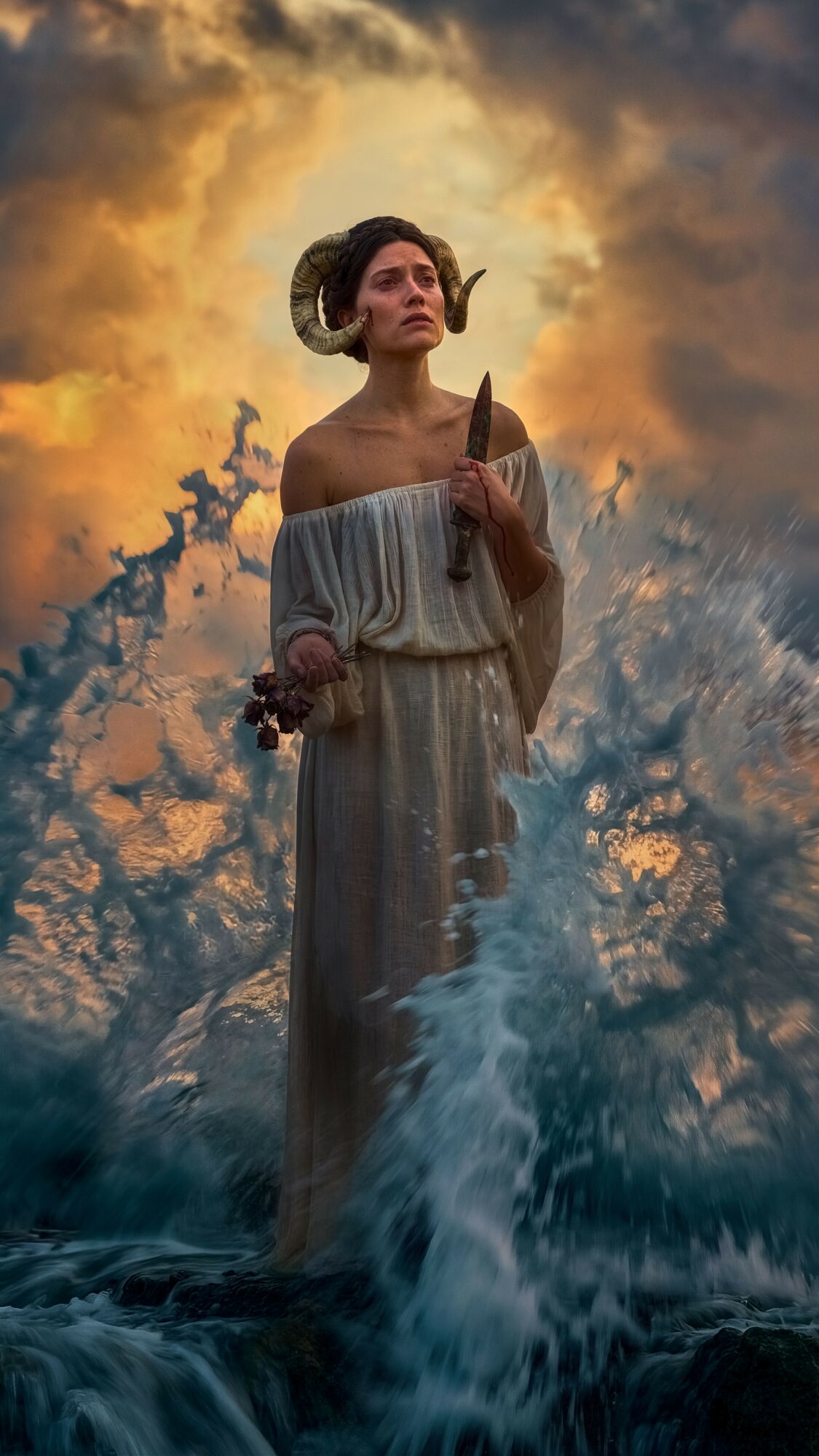 Woman in a flowing dress holding a knife and a fruit, standing in water with a dramatic sky background.