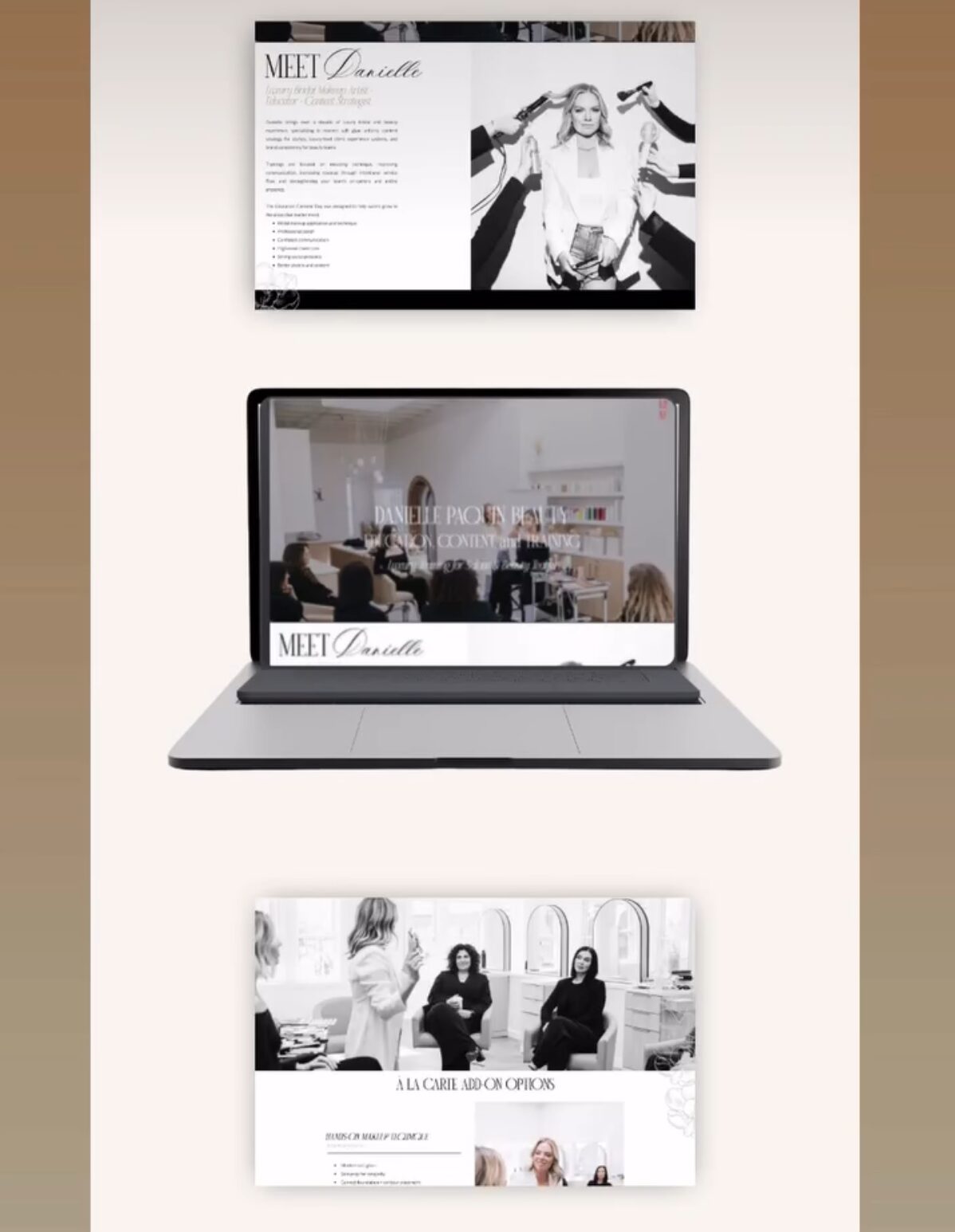 Three screens displaying black and white images and text, with a laptop in the middle showing a photo of a room with people.