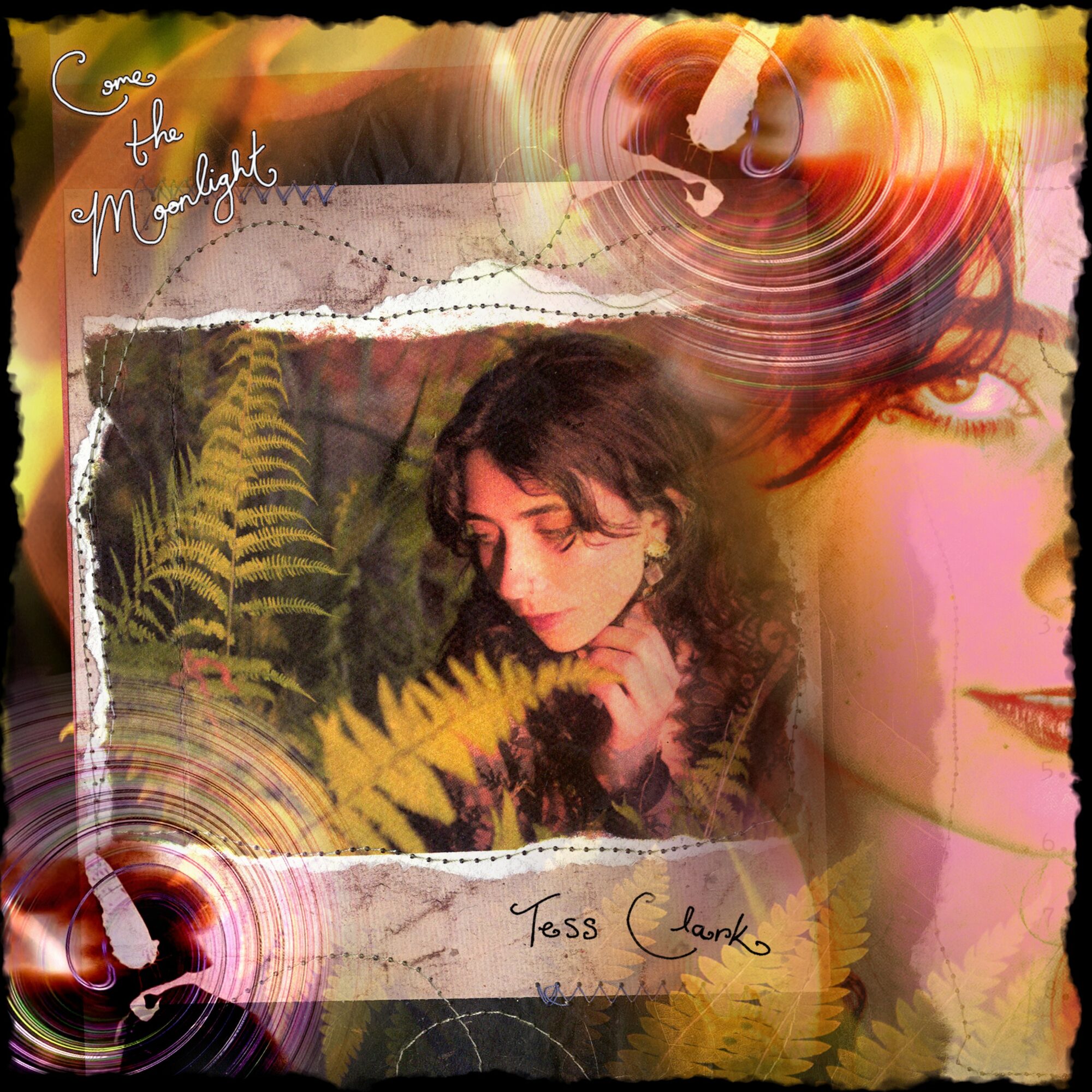 A woman with glasses and curly hair is surrounded by yellow ferns, with artistic swirls and textures in the background.