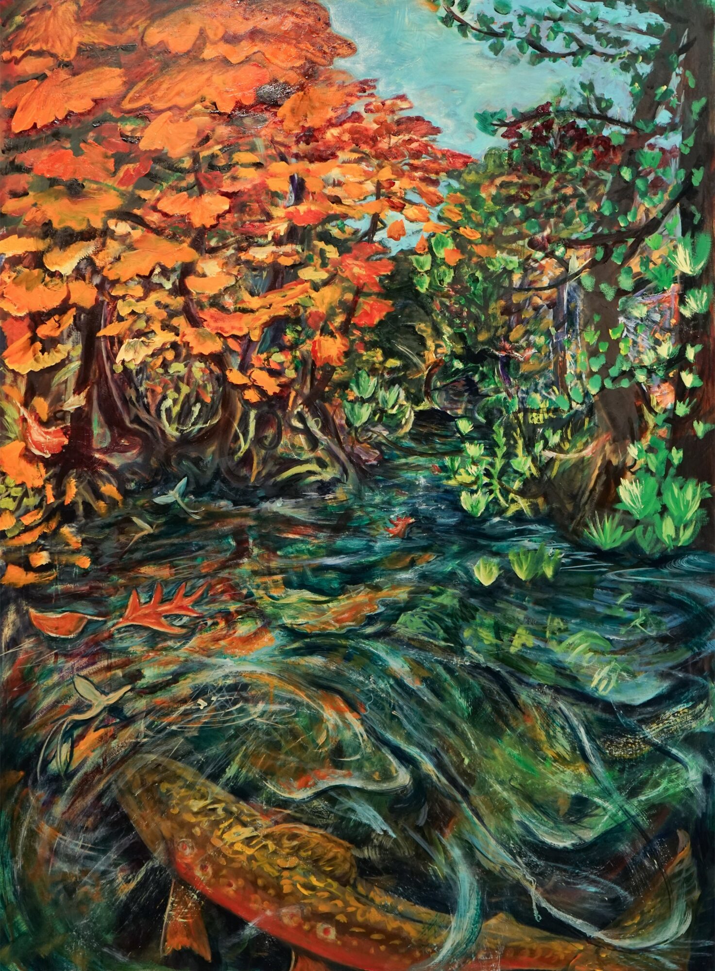 A colorful painting of a river with a fish swimming, surrounded by trees with orange, green, and blue foliage.