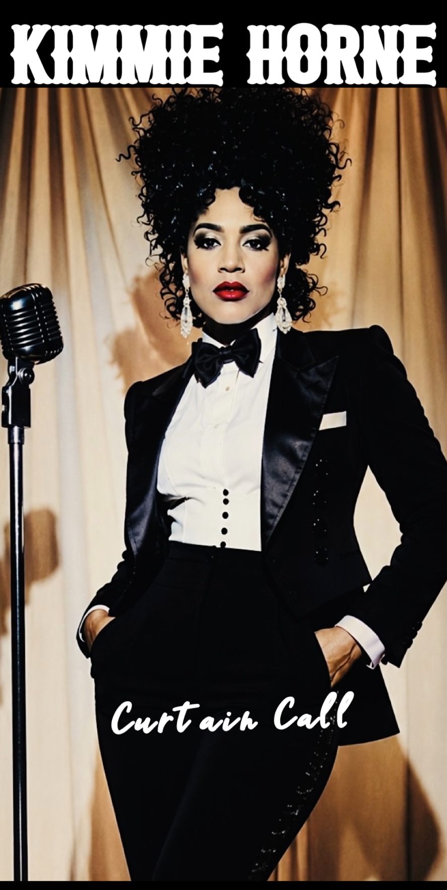Kammie Horne in a tuxedo with a bow tie, standing in front of a curtain, with a vintage microphone nearby.